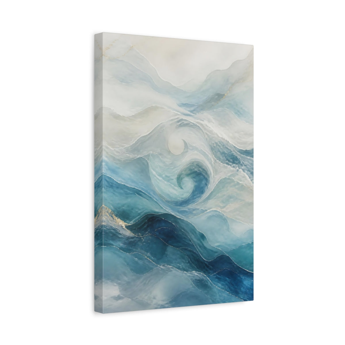 Side Mockup 4. Nature Ocean Waves Blue And Gold shown as stretched canvas wall art
