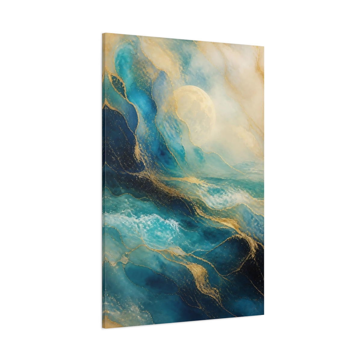 Side Mockup 1. Nature Ocean Waves Blue And Gold shown as stretched canvas wall art