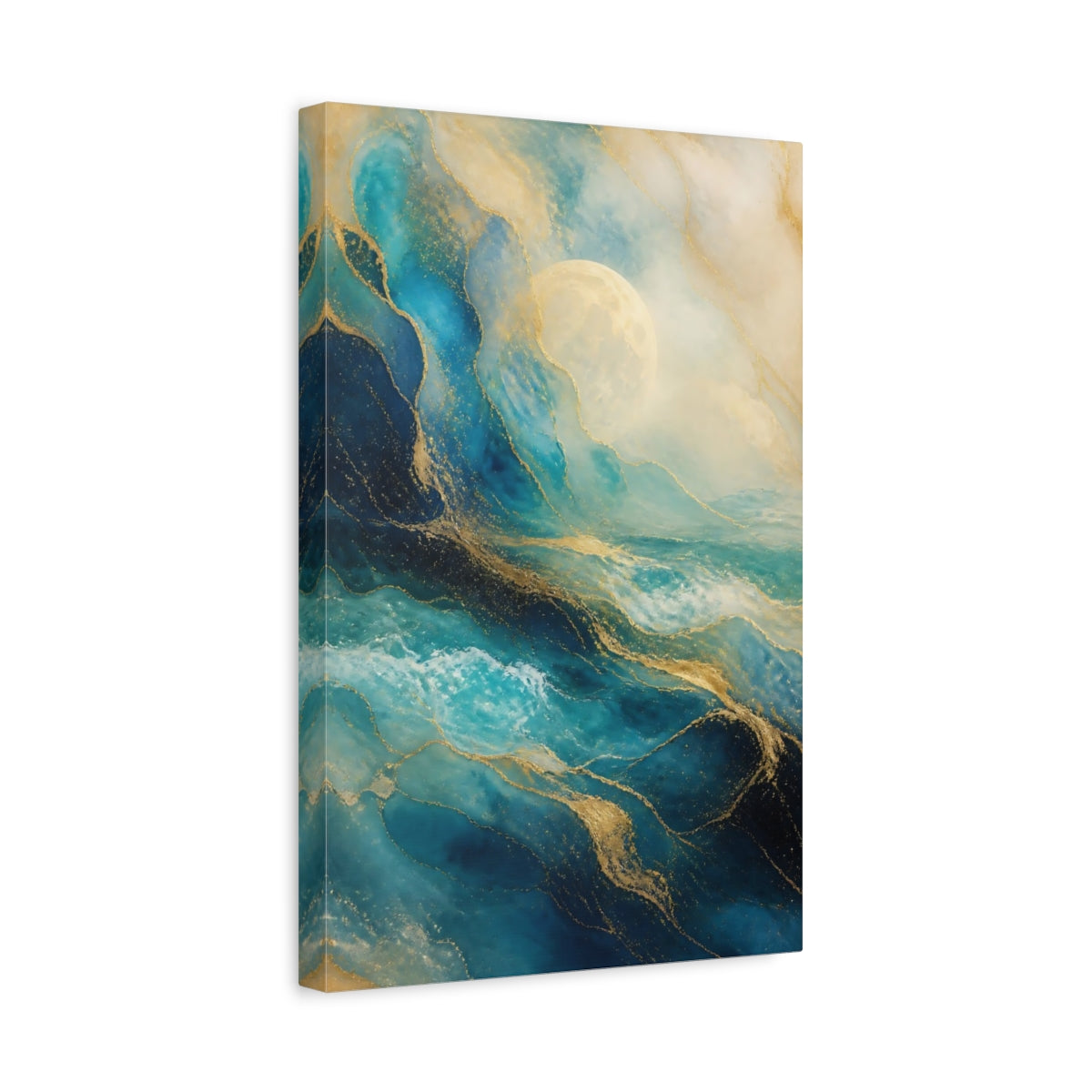 Side Mockup 4. Nature Ocean Waves Blue And Gold shown as stretched canvas wall art