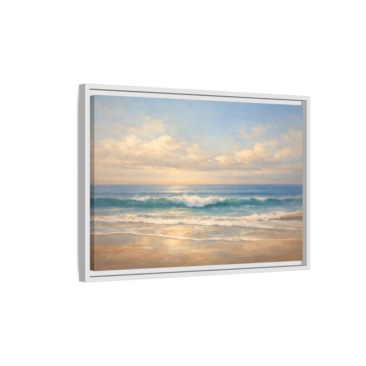 Side Mockup 1. Nature Ocean Waves Blue And Gold shown as stretched canvas wall art