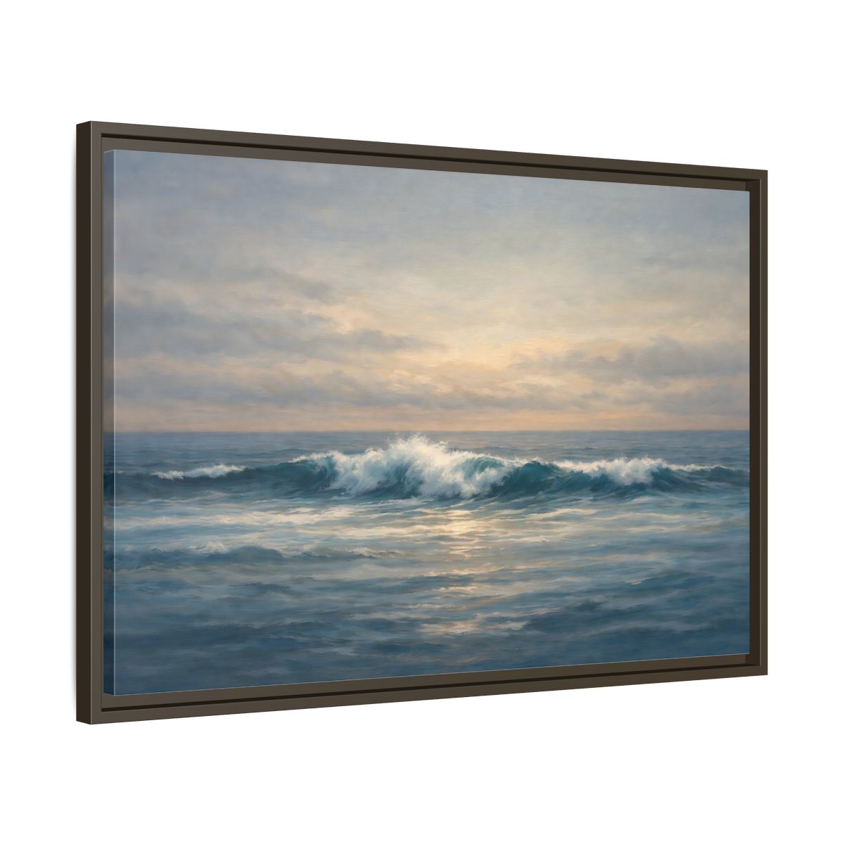 Side Mockup 11. Nature Ocean Waves Blue And Gold Ocean shown as stretched canvas wall art