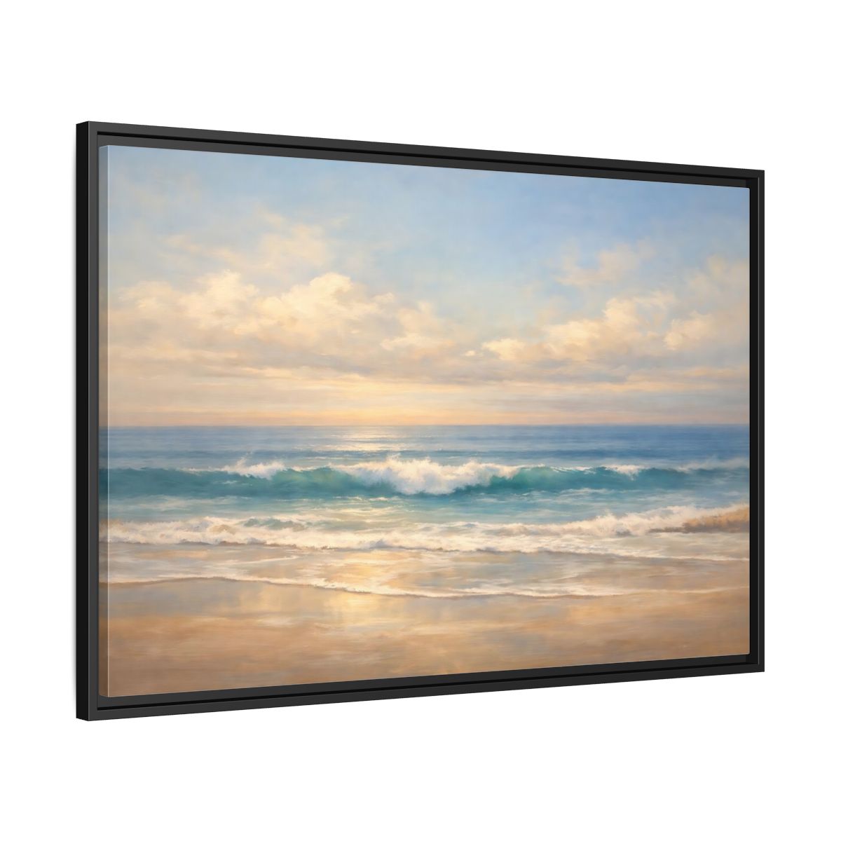 Side Mockup 13. Nature Ocean Waves Blue And Gold shown as stretched canvas wall art