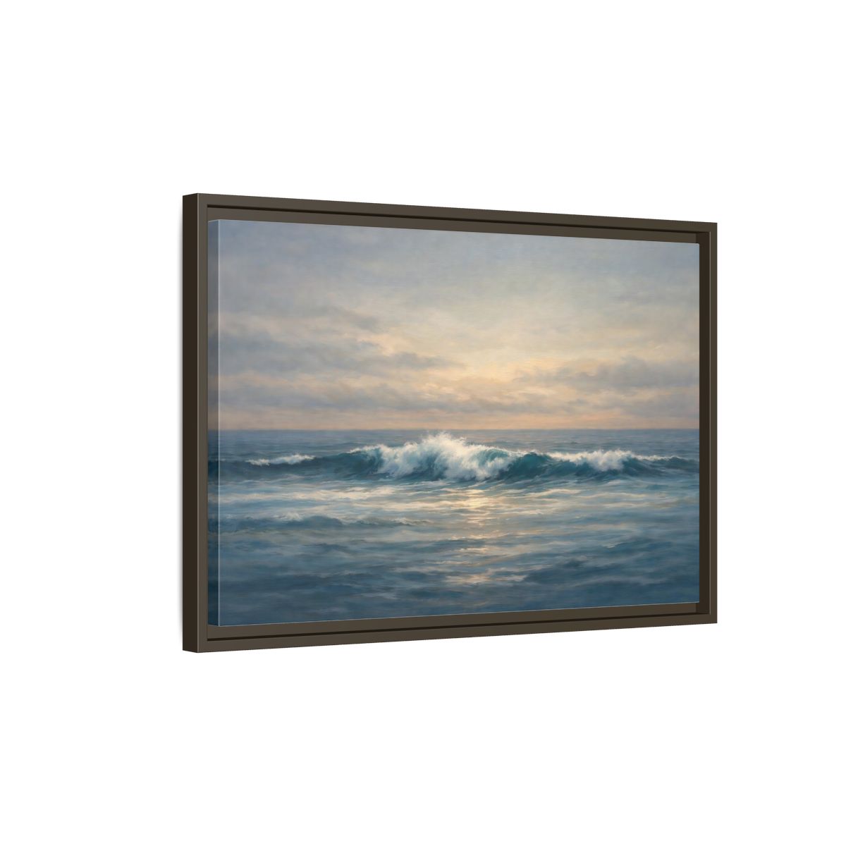 Side Mockup 2. Nature Ocean Waves Blue And Gold Ocean shown as stretched canvas wall art