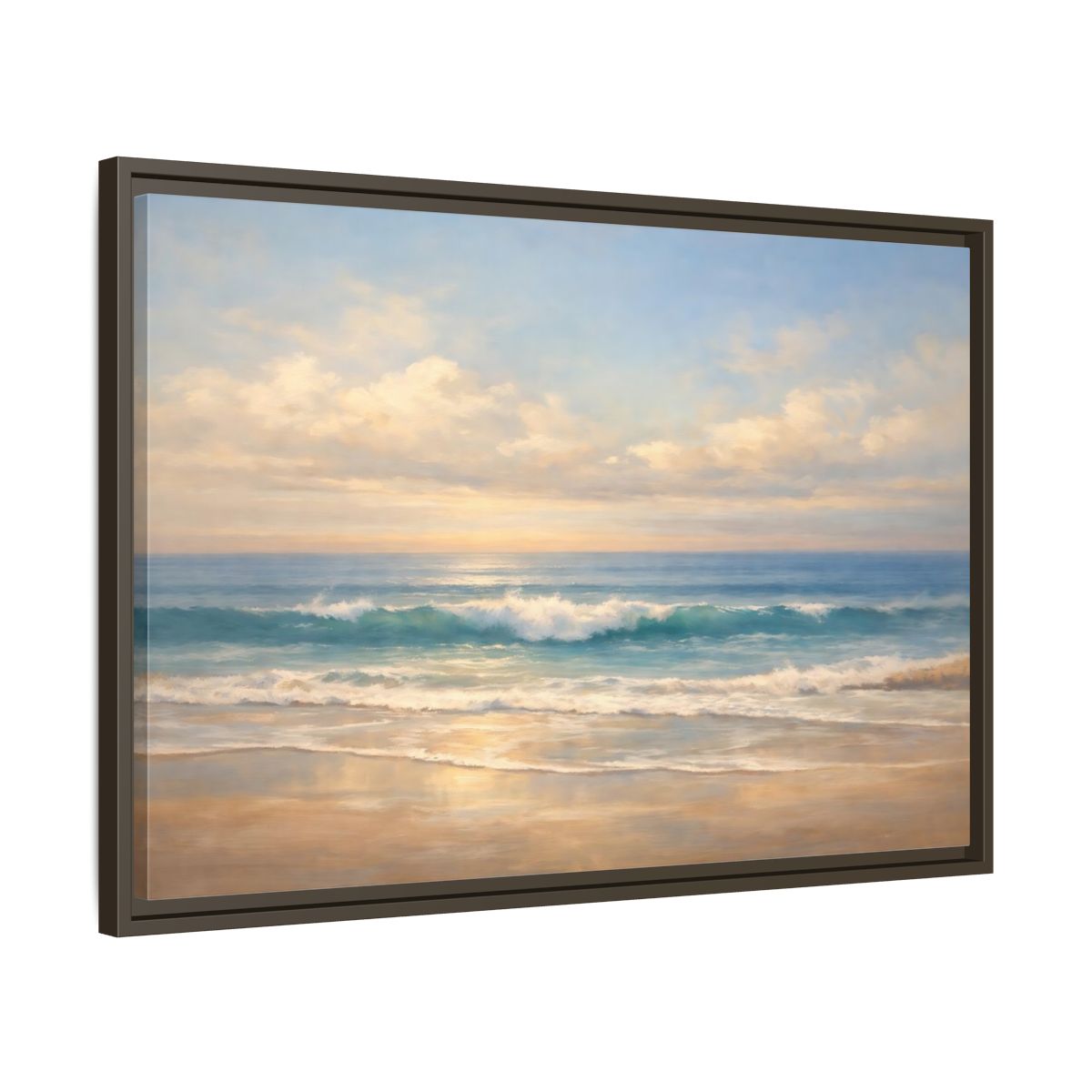 Side Mockup 11. Nature Ocean Waves Blue And Gold shown as stretched canvas wall art