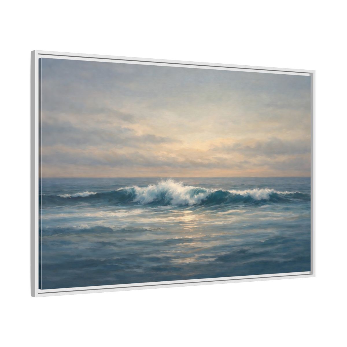 Side Mockup 7. Nature Ocean Waves Blue And Gold Ocean shown as stretched canvas wall art