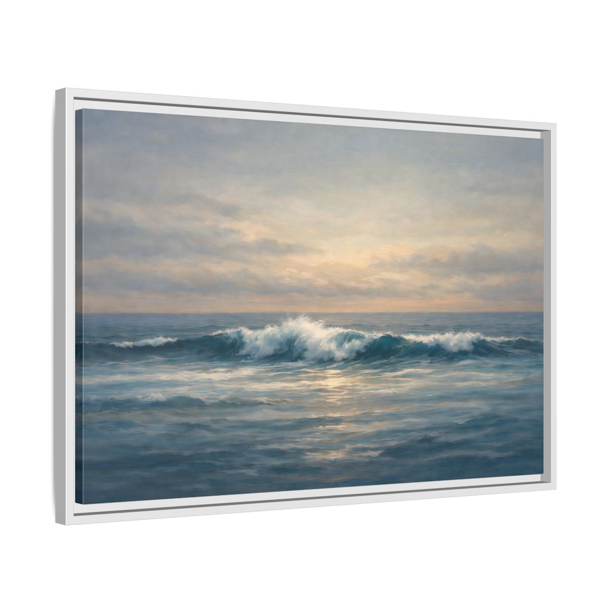 Side Mockup 10. Nature Ocean Waves Blue And Gold Ocean shown as stretched canvas wall art