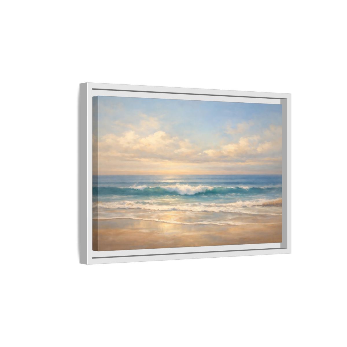 Side Mockup 4. Nature Ocean Waves Blue And Gold shown as stretched canvas wall art
