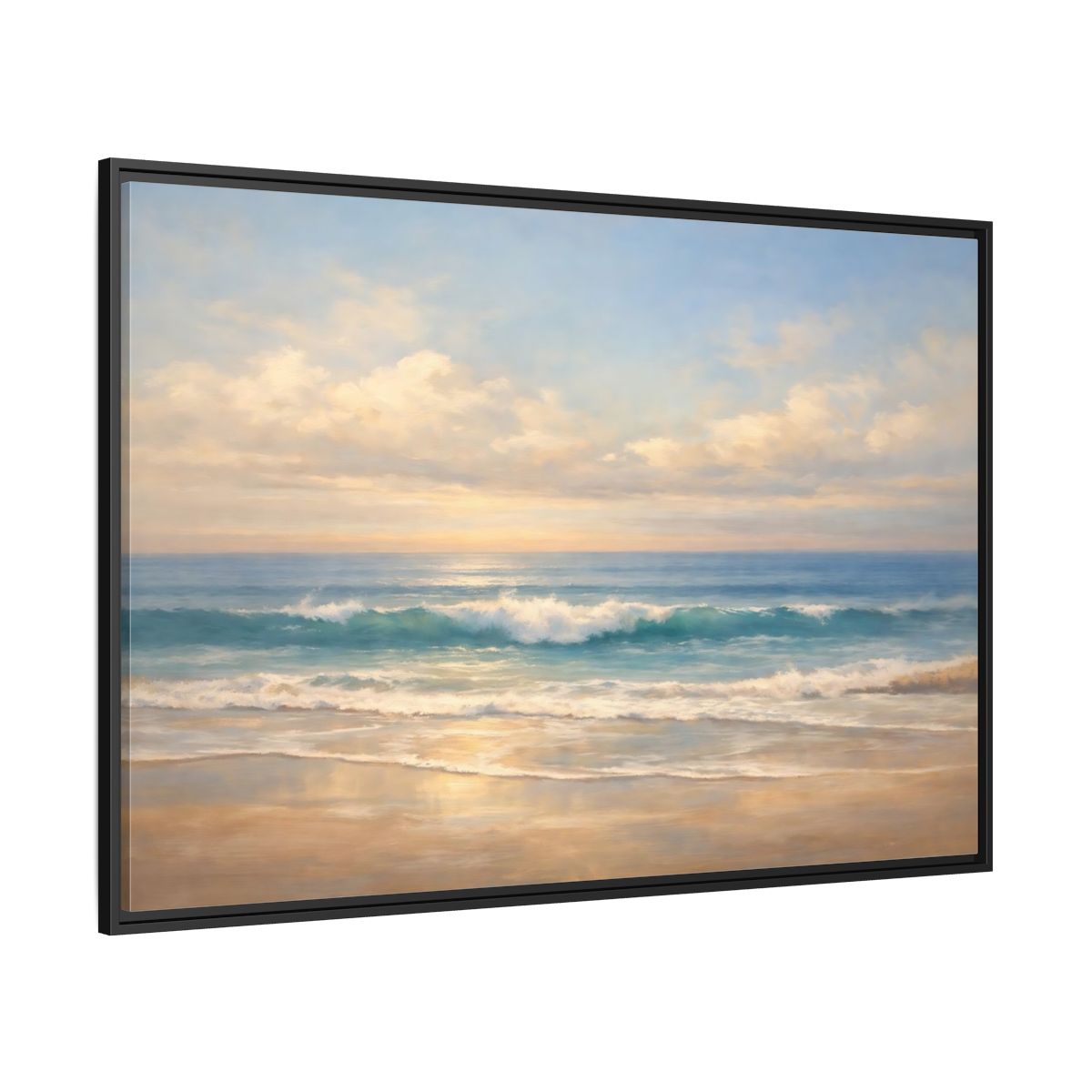 Side Mockup 12. Nature Ocean Waves Blue And Gold shown as stretched canvas wall art