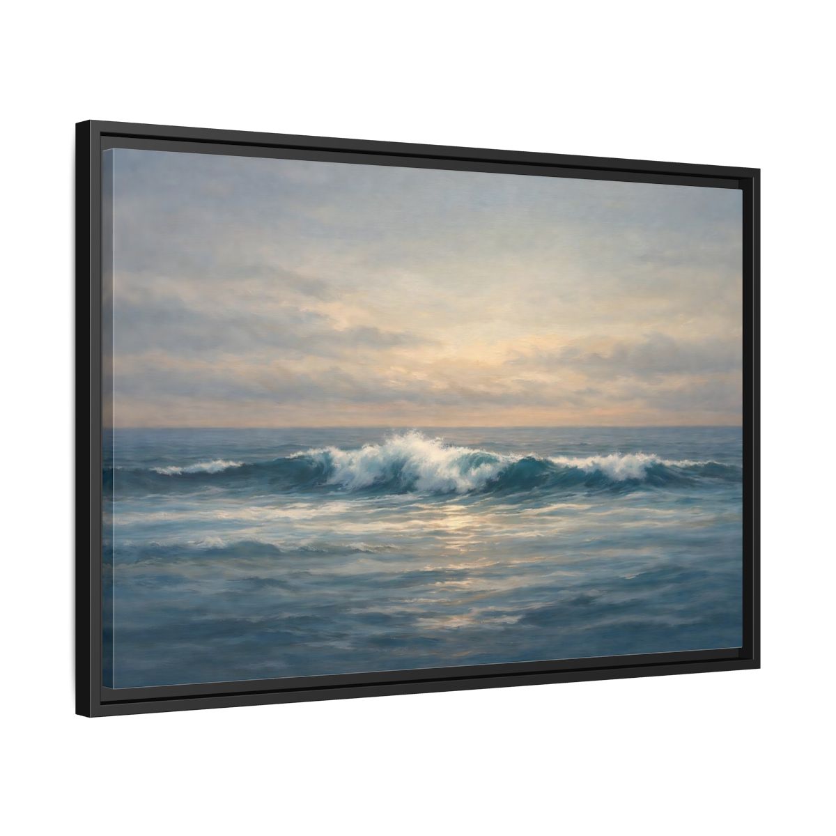 Side Mockup 14. Nature Ocean Waves Blue And Gold Ocean shown as stretched canvas wall art