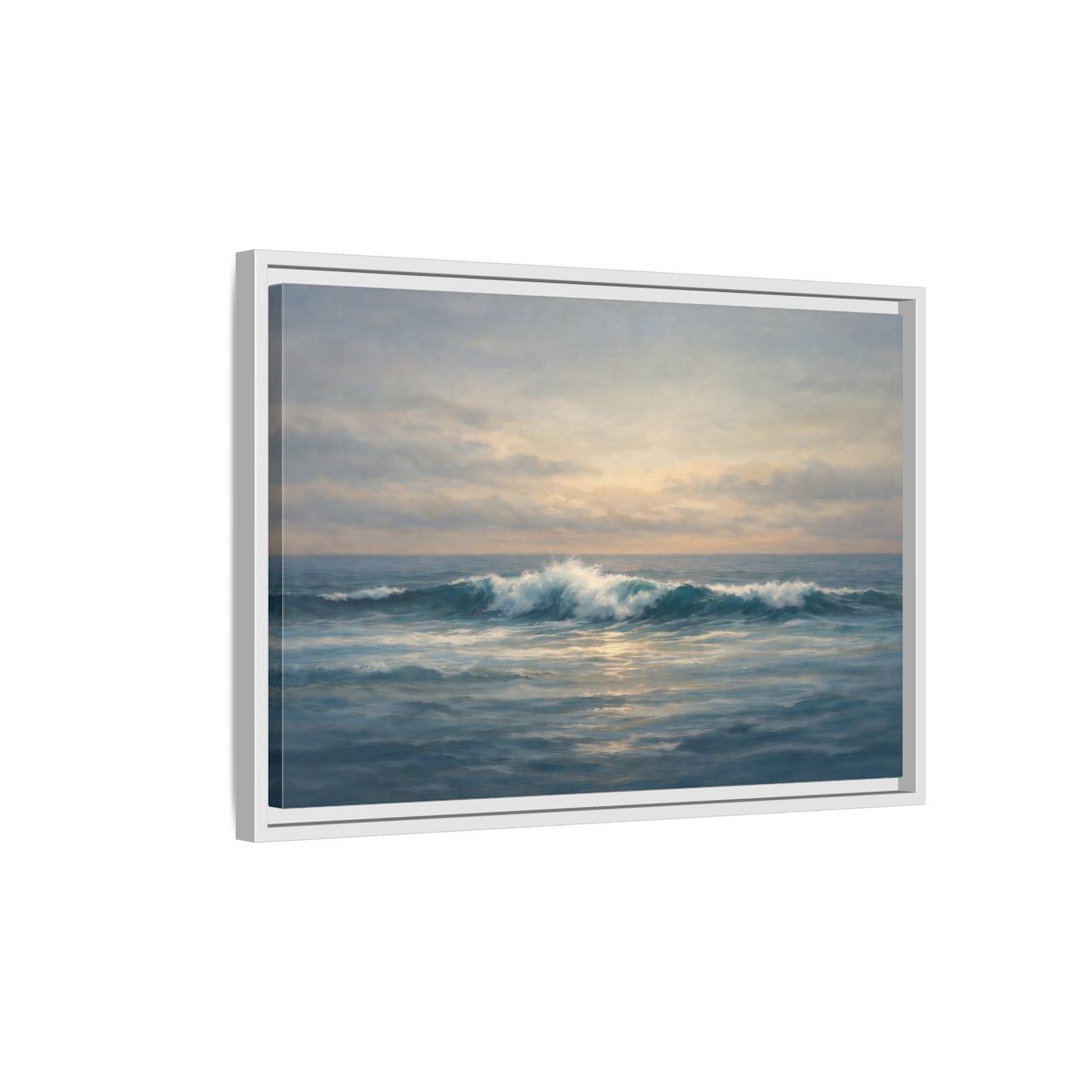 Side Mockup 1. Nature Ocean Waves Blue And Gold Ocean shown as stretched canvas wall art
