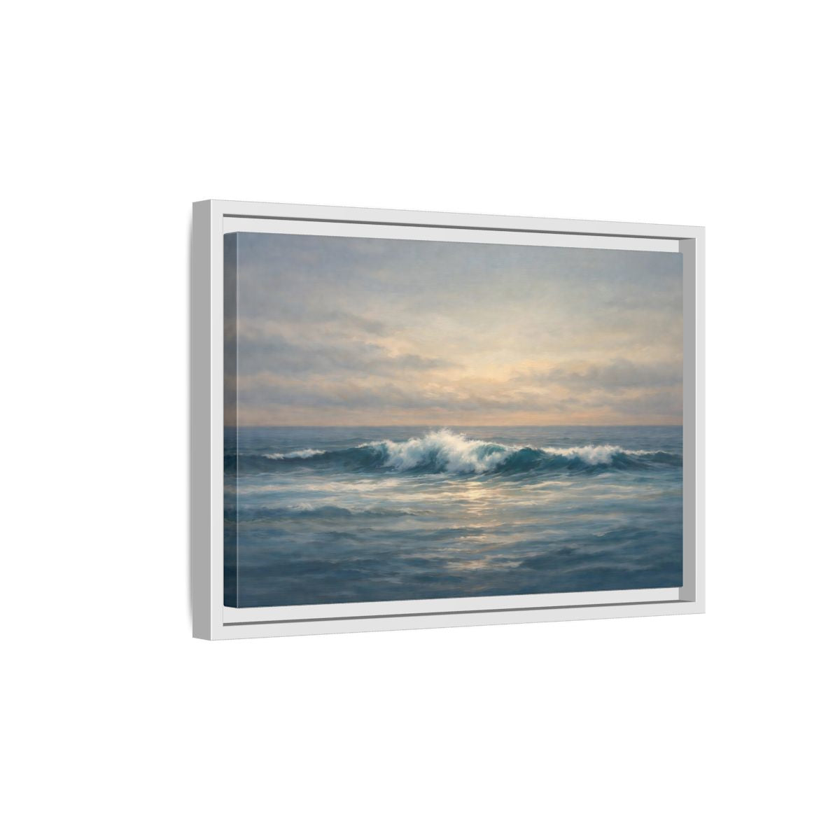 Side Mockup 4. Nature Ocean Waves Blue And Gold Ocean shown as stretched canvas wall art