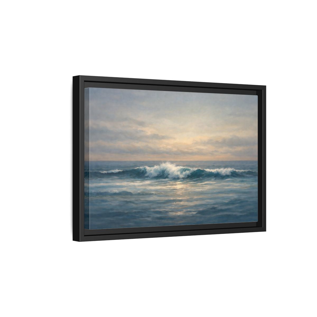 Side Mockup 6. Nature Ocean Waves Blue And Gold Ocean shown as stretched canvas wall art