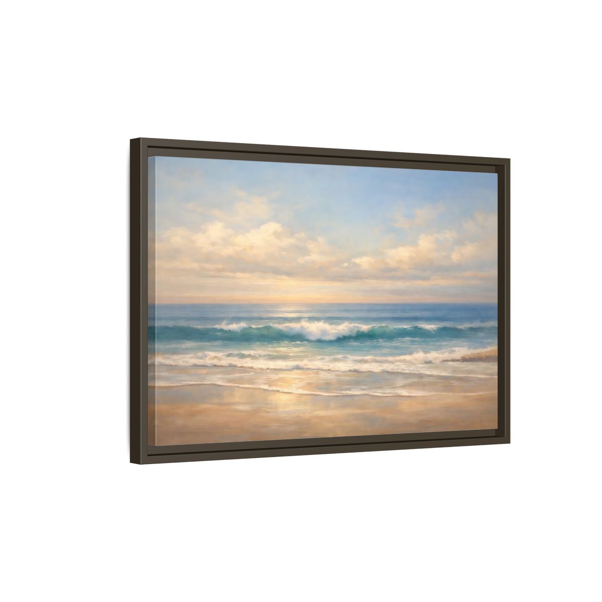 Side Mockup 2. Nature Ocean Waves Blue And Gold shown as stretched canvas wall art
