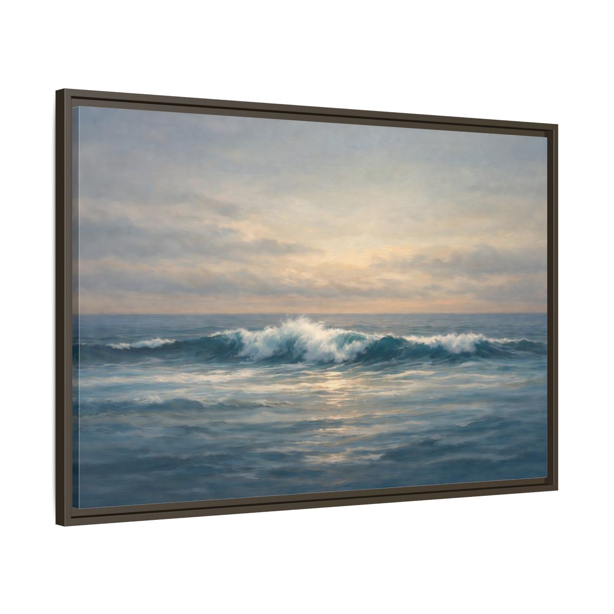 Side Mockup 9. Nature Ocean Waves Blue And Gold Ocean shown as stretched canvas wall art
