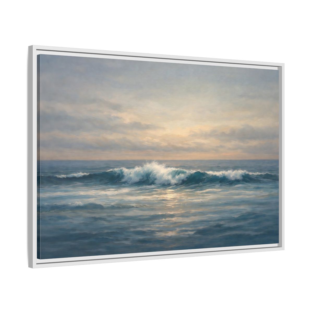 Side Mockup 8. Nature Ocean Waves Blue And Gold Ocean shown as stretched canvas wall art
