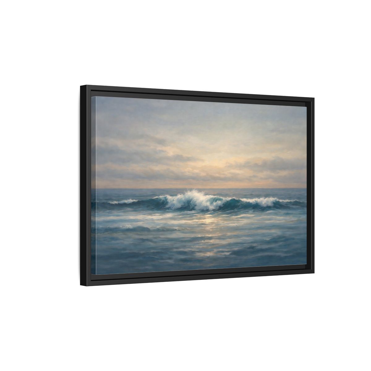 Side Mockup 3. Nature Ocean Waves Blue And Gold Ocean shown as stretched canvas wall art