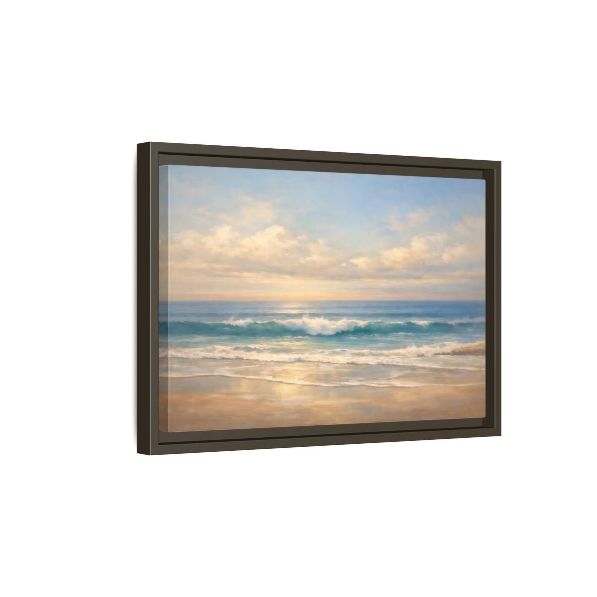 Side Mockup 5. Nature Ocean Waves Blue And Gold shown as stretched canvas wall art