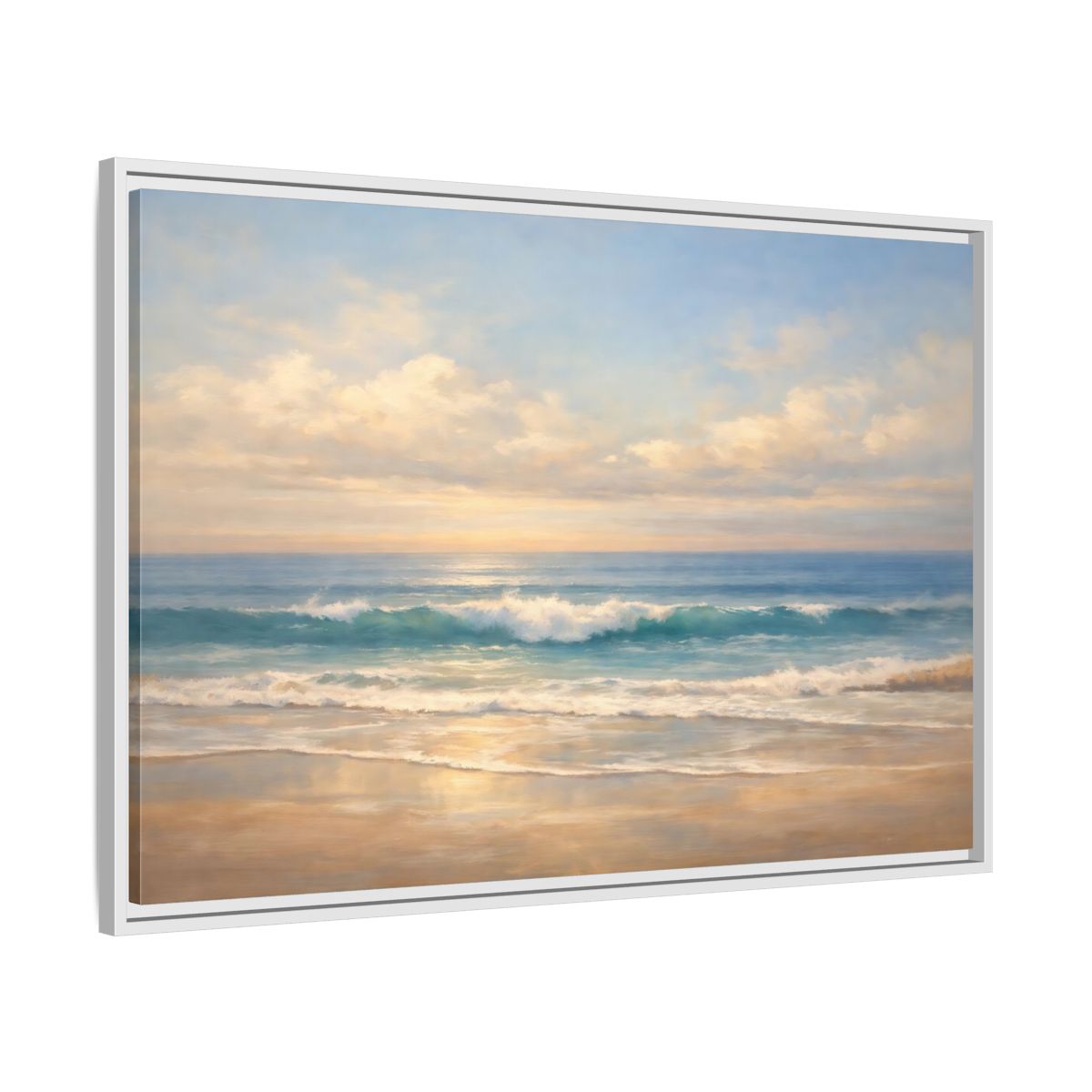 Side Mockup 8. Nature Ocean Waves Blue And Gold shown as stretched canvas wall art