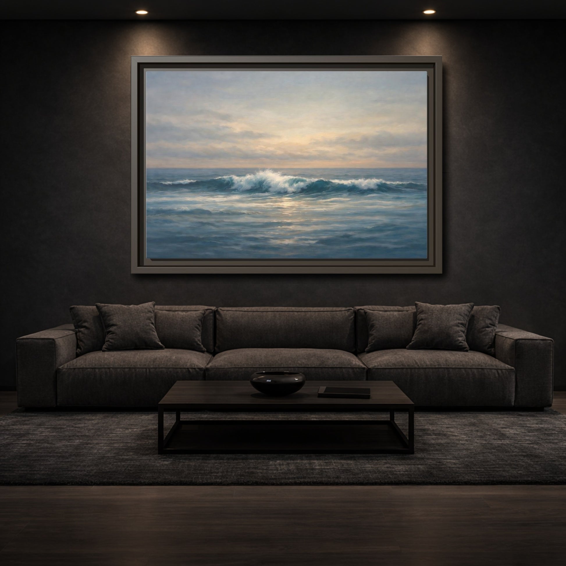 Mockup 2. Nature Ocean Waves Blue And Gold Ocean shown as stretched canvas wall art