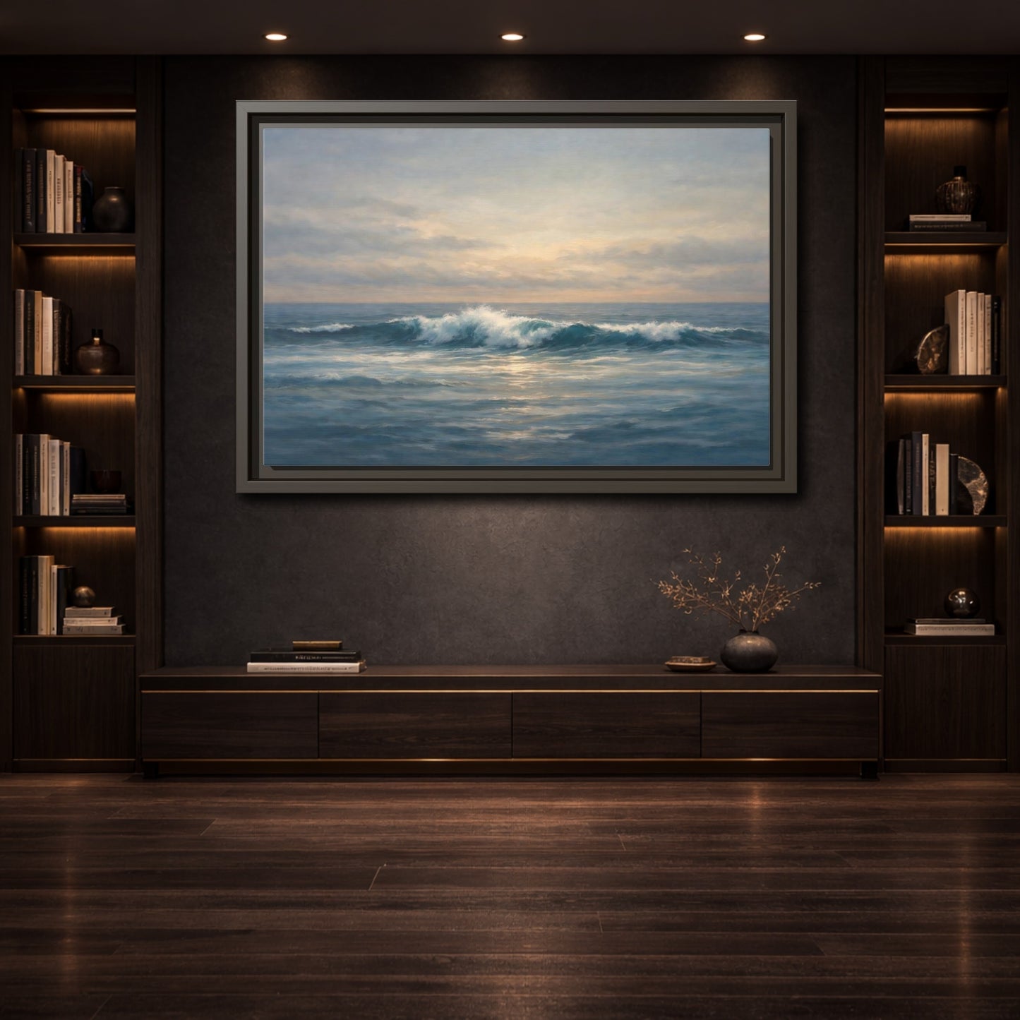 Mockup 3. Nature Ocean Waves Blue And Gold Ocean shown as stretched canvas wall art
