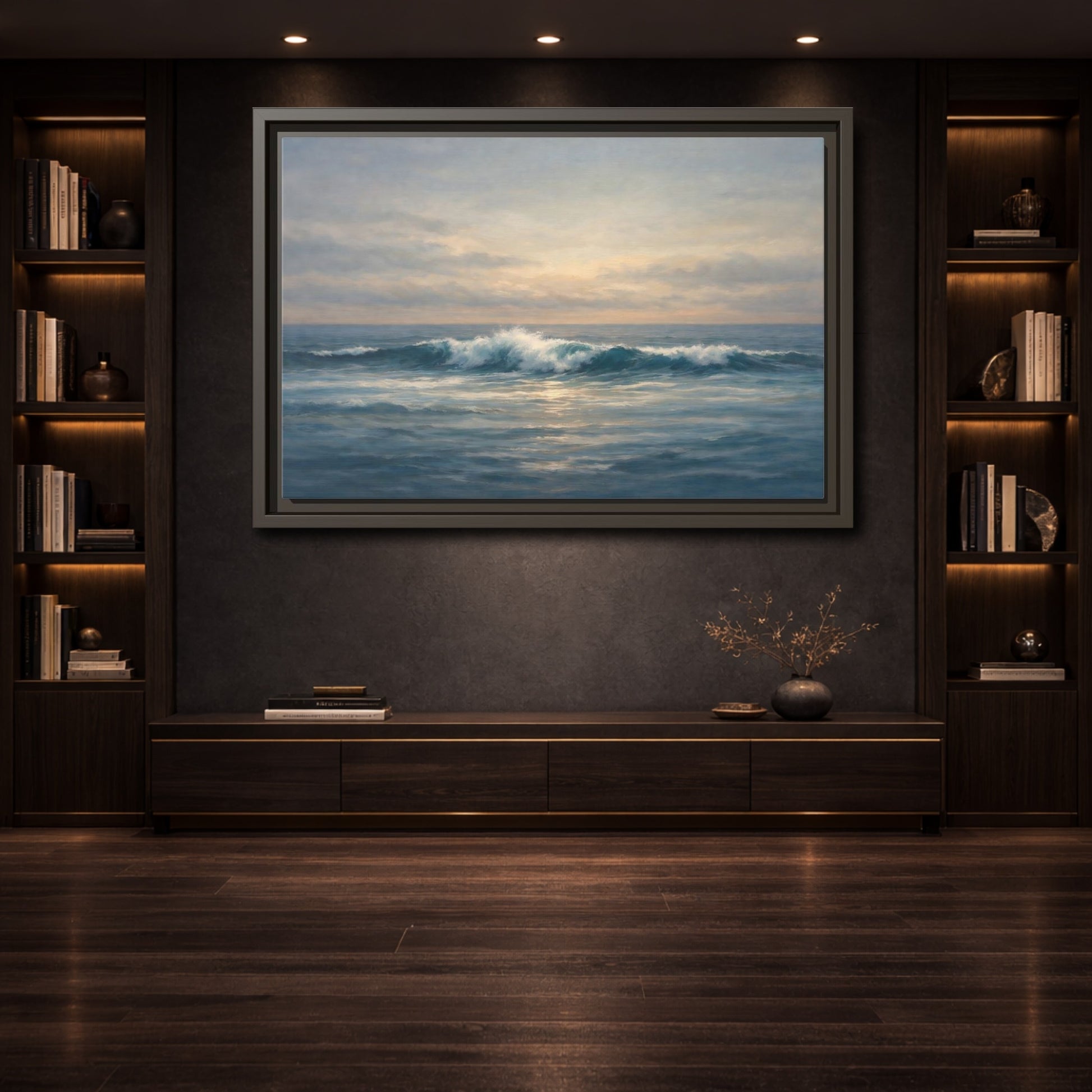 Mockup 3. Nature Ocean Waves Blue And Gold Ocean shown as stretched canvas wall art