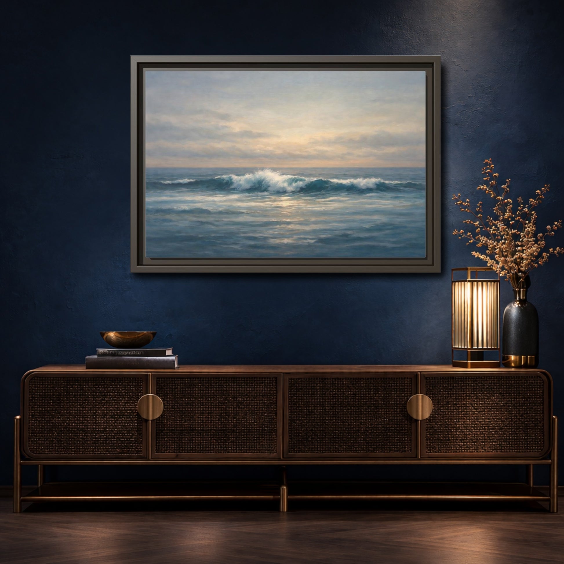 Mockup 4. Nature Ocean Waves Blue And Gold Ocean shown as stretched canvas wall art