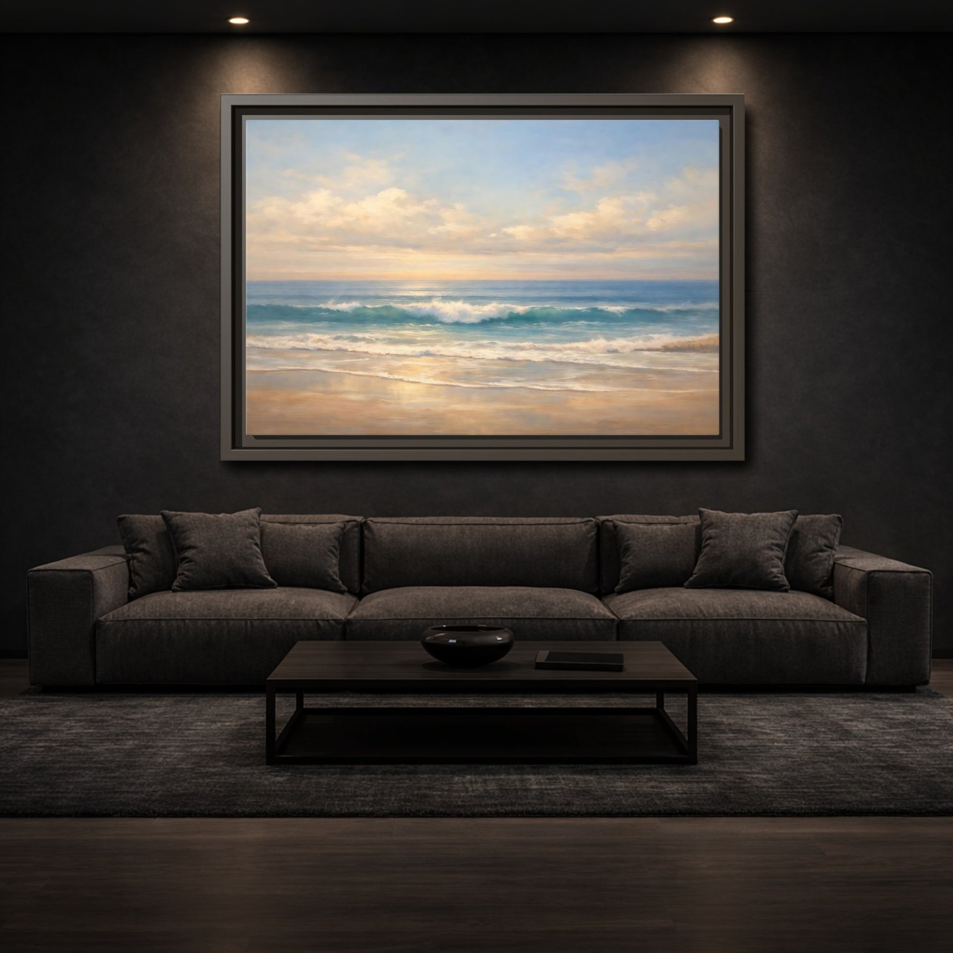 Mockup 2. Nature Ocean Waves Blue And Gold shown as stretched canvas wall art
