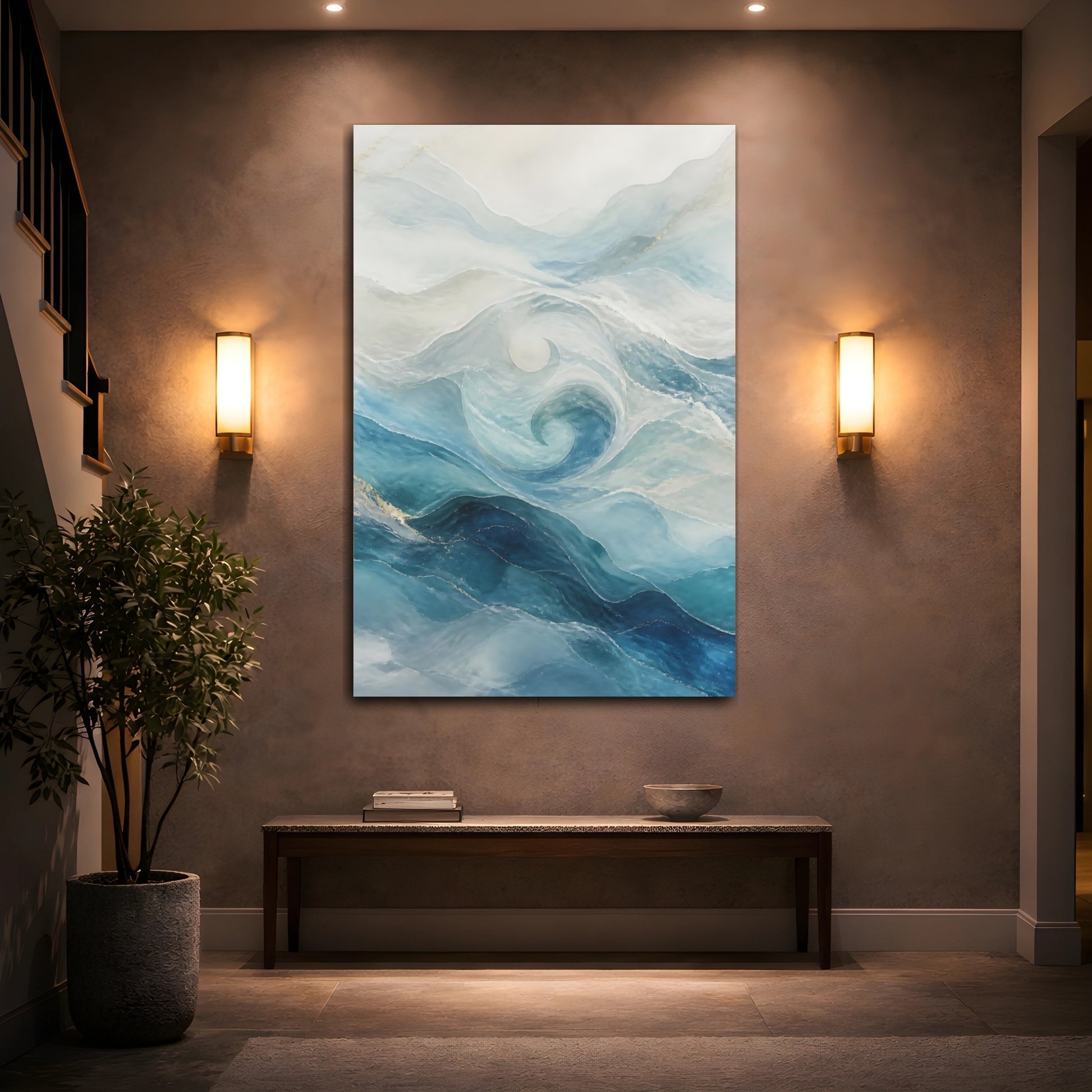 Mockup 2. Nature Ocean Waves Blue And Gold shown as stretched canvas wall art