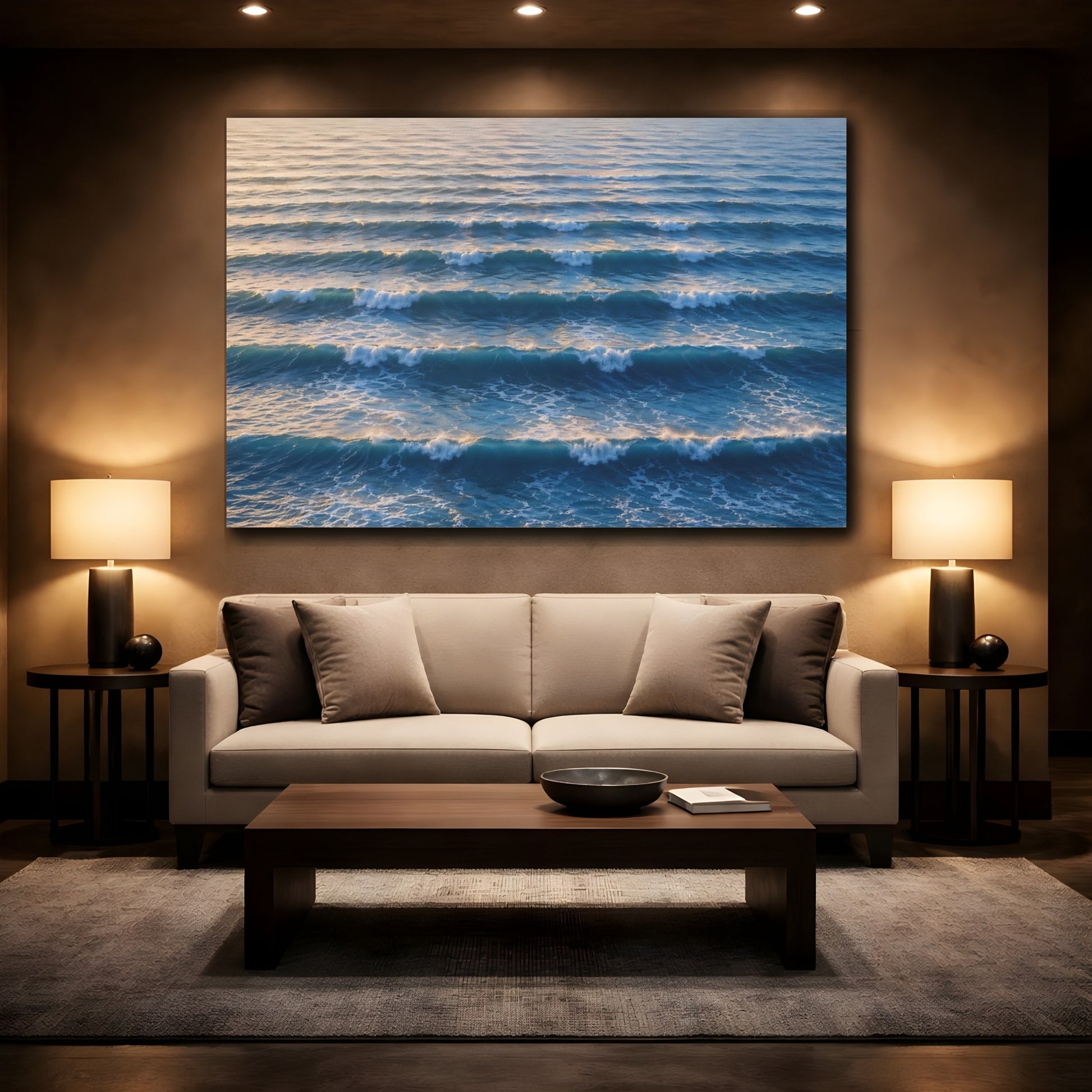 Mockup 2. Nature Ocean Waves Blue And Gold shown as stretched canvas wall art