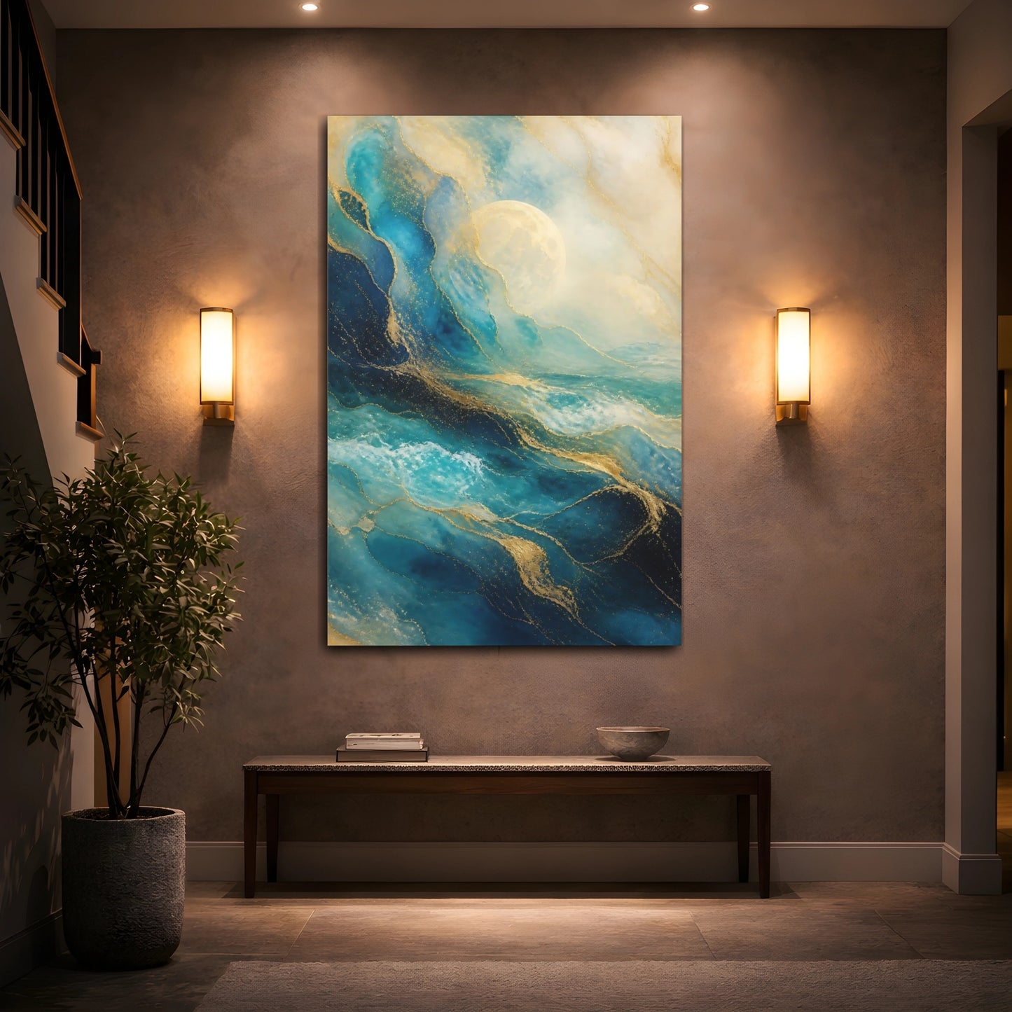 Mockup 2. Nature Ocean Waves Blue And Gold shown as stretched canvas wall art