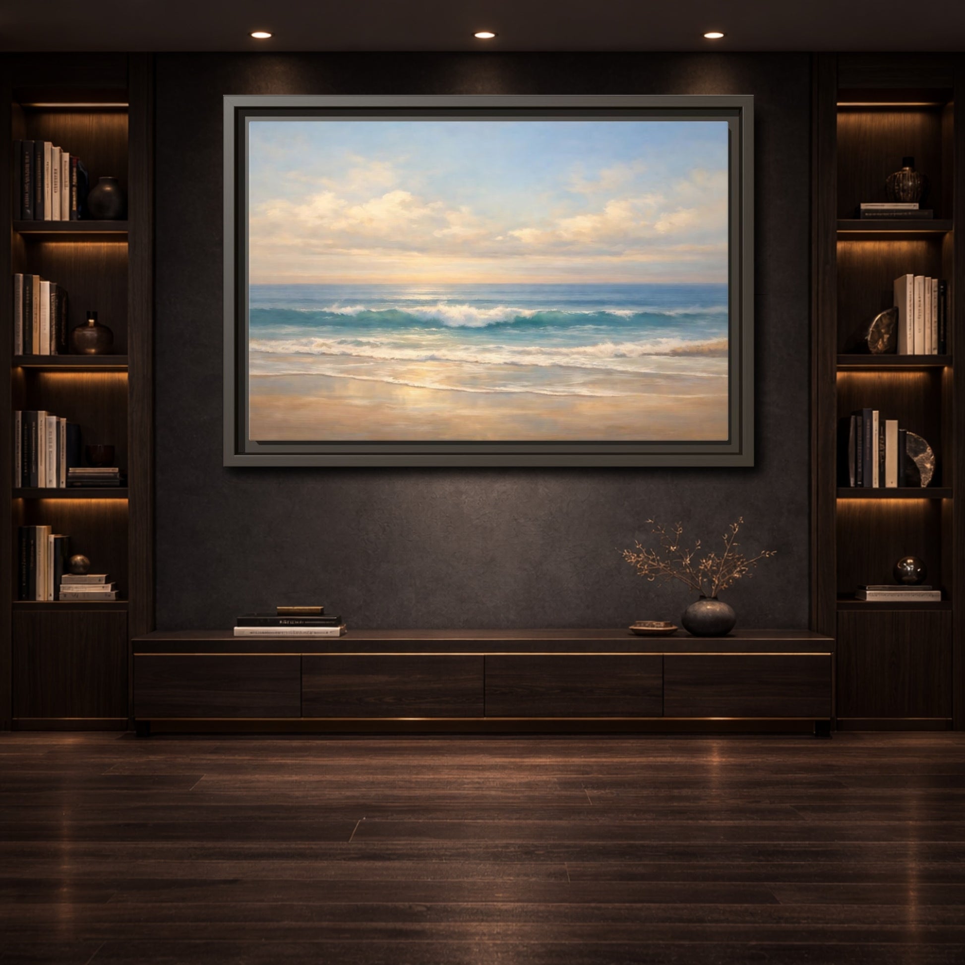 Mockup 3. Nature Ocean Waves Blue And Gold shown as stretched canvas wall art