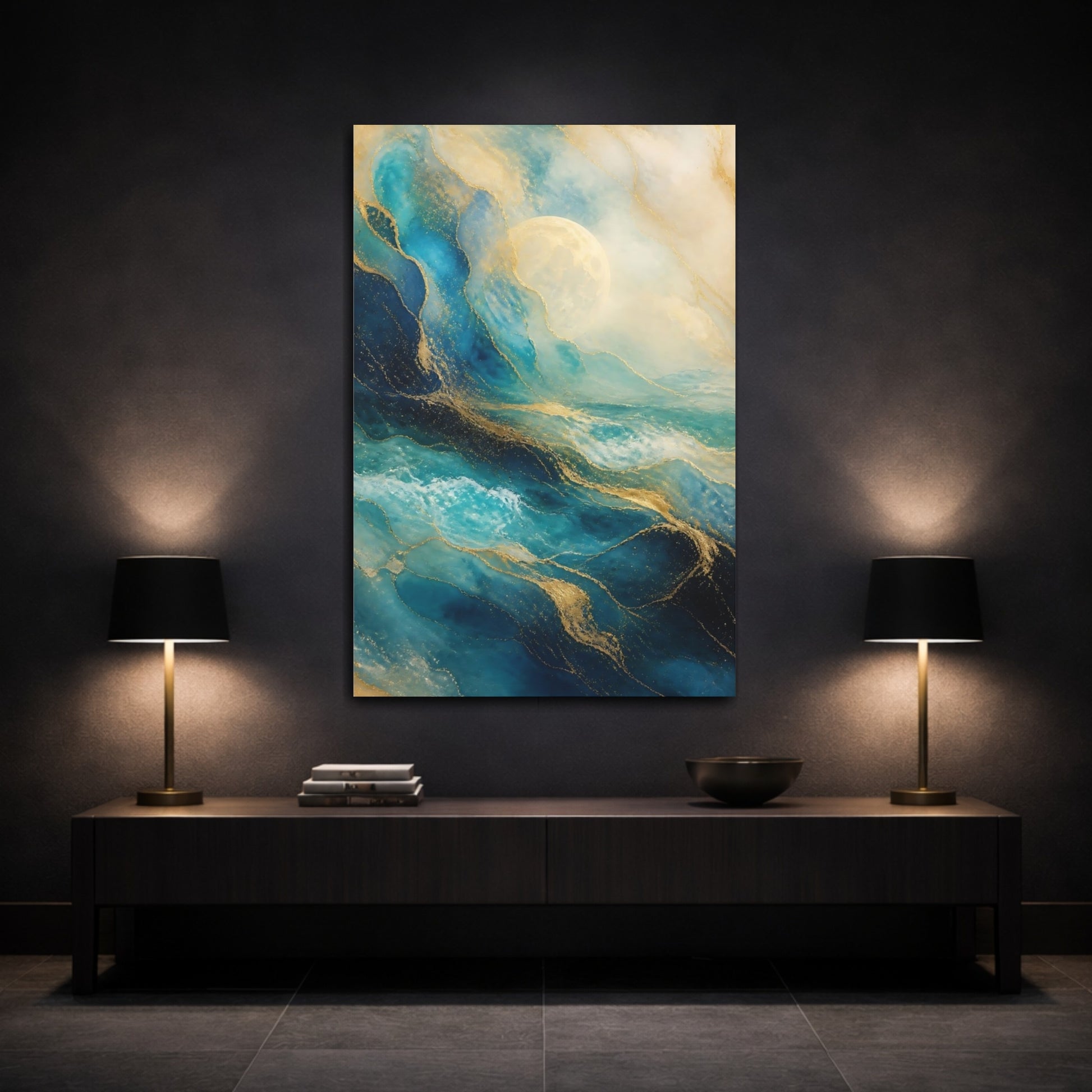 Mockup 3. Nature Ocean Waves Blue And Gold shown as stretched canvas wall art