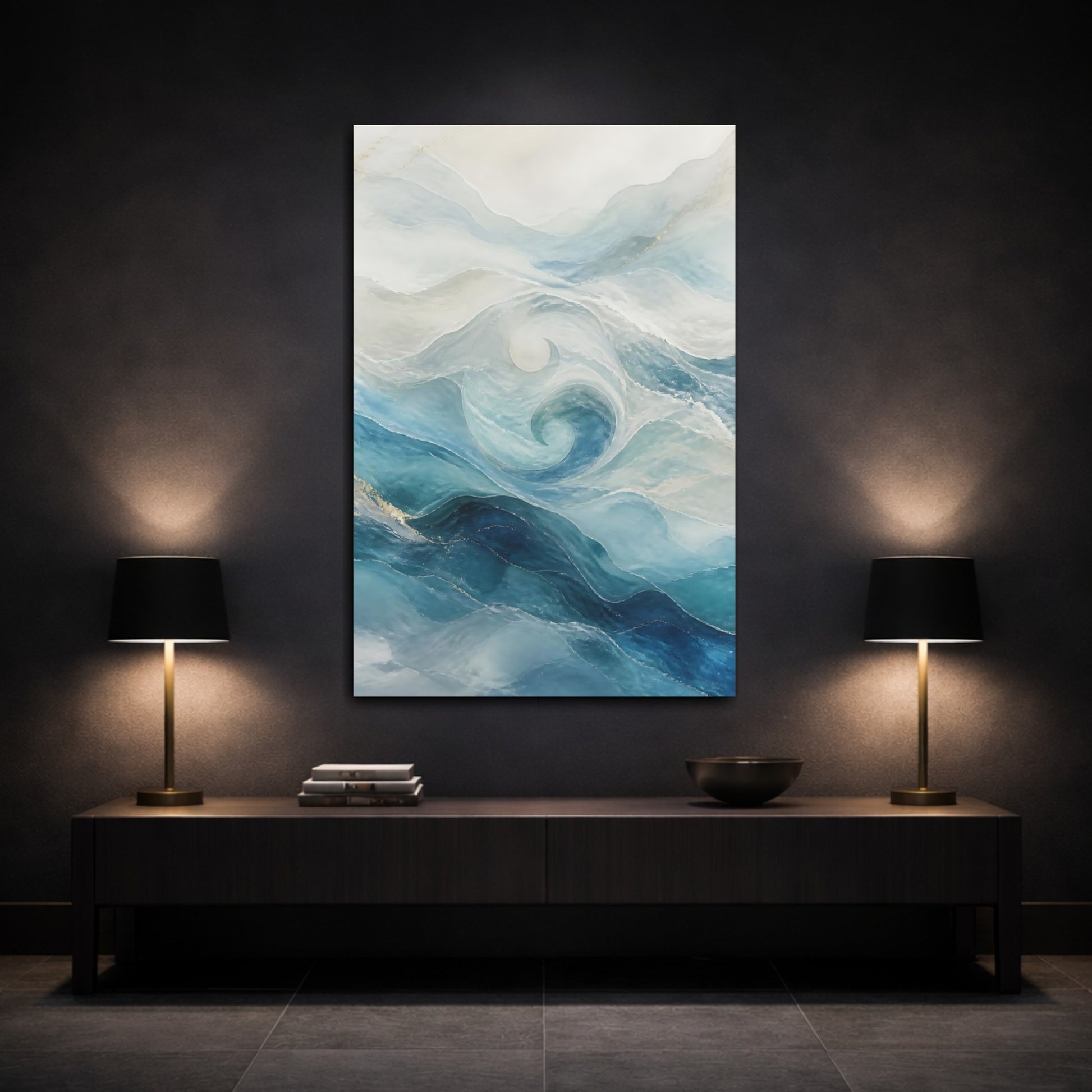 Mockup 3. Nature Ocean Waves Blue And Gold shown as stretched canvas wall art