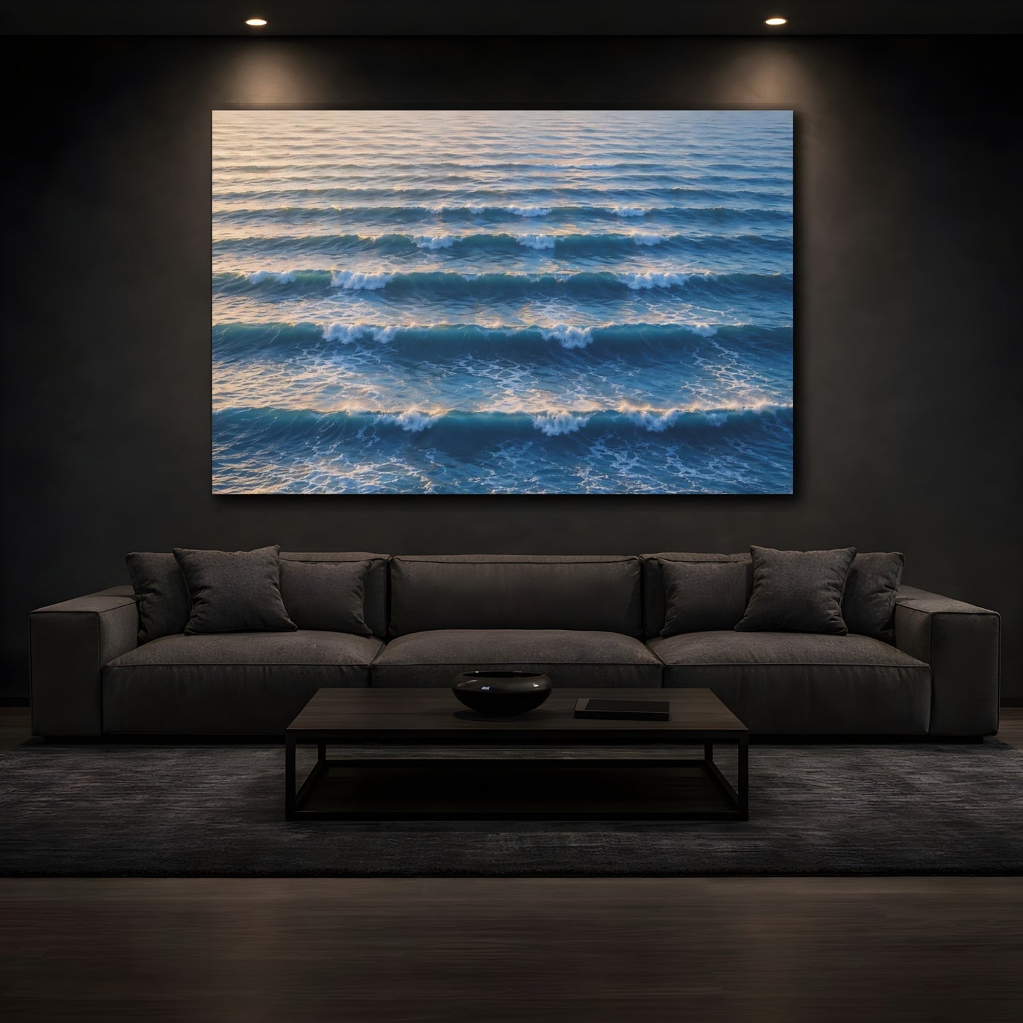 Mockup 3. Nature Ocean Waves Blue And Gold shown as stretched canvas wall art