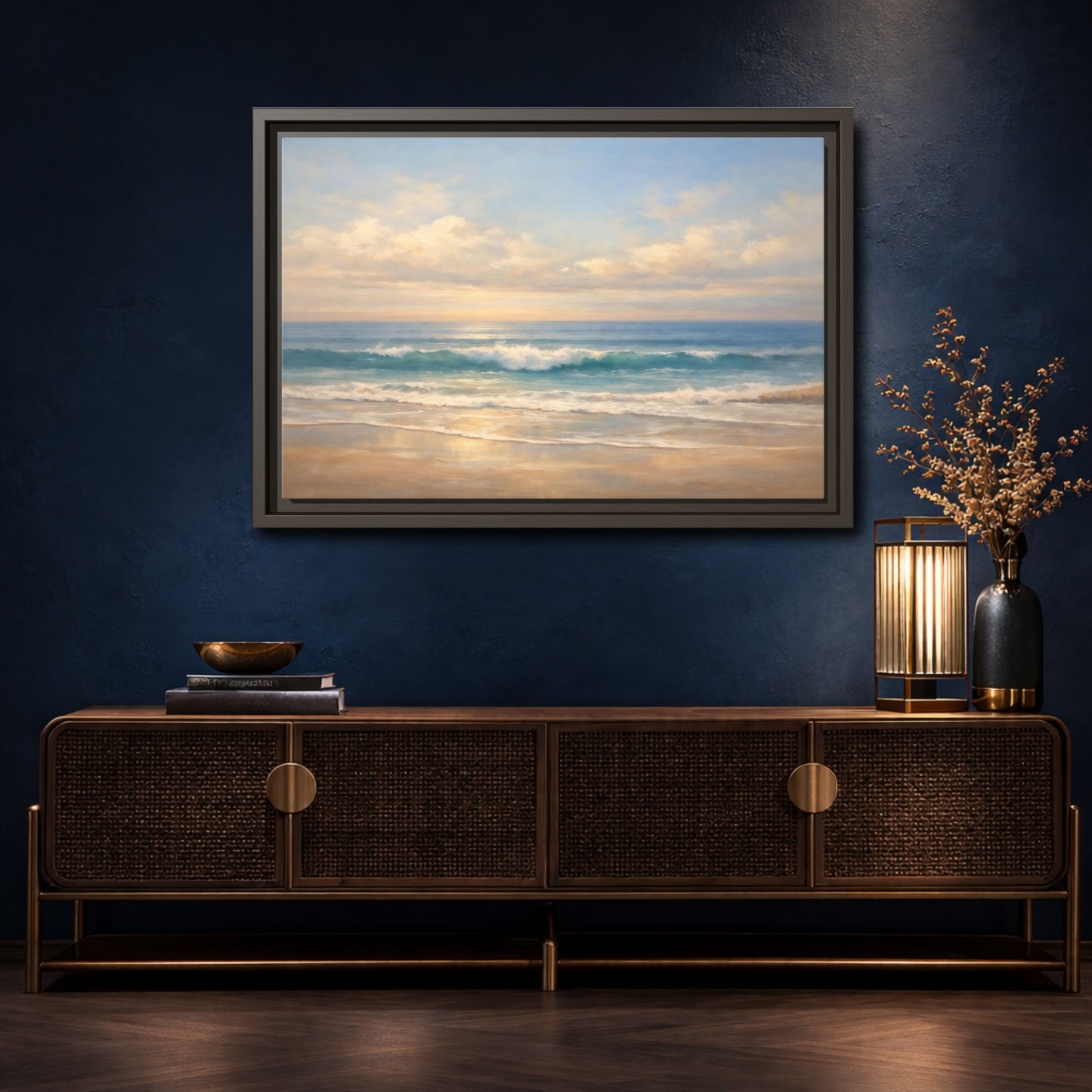 Mockup 4. Nature Ocean Waves Blue And Gold shown as stretched canvas wall art