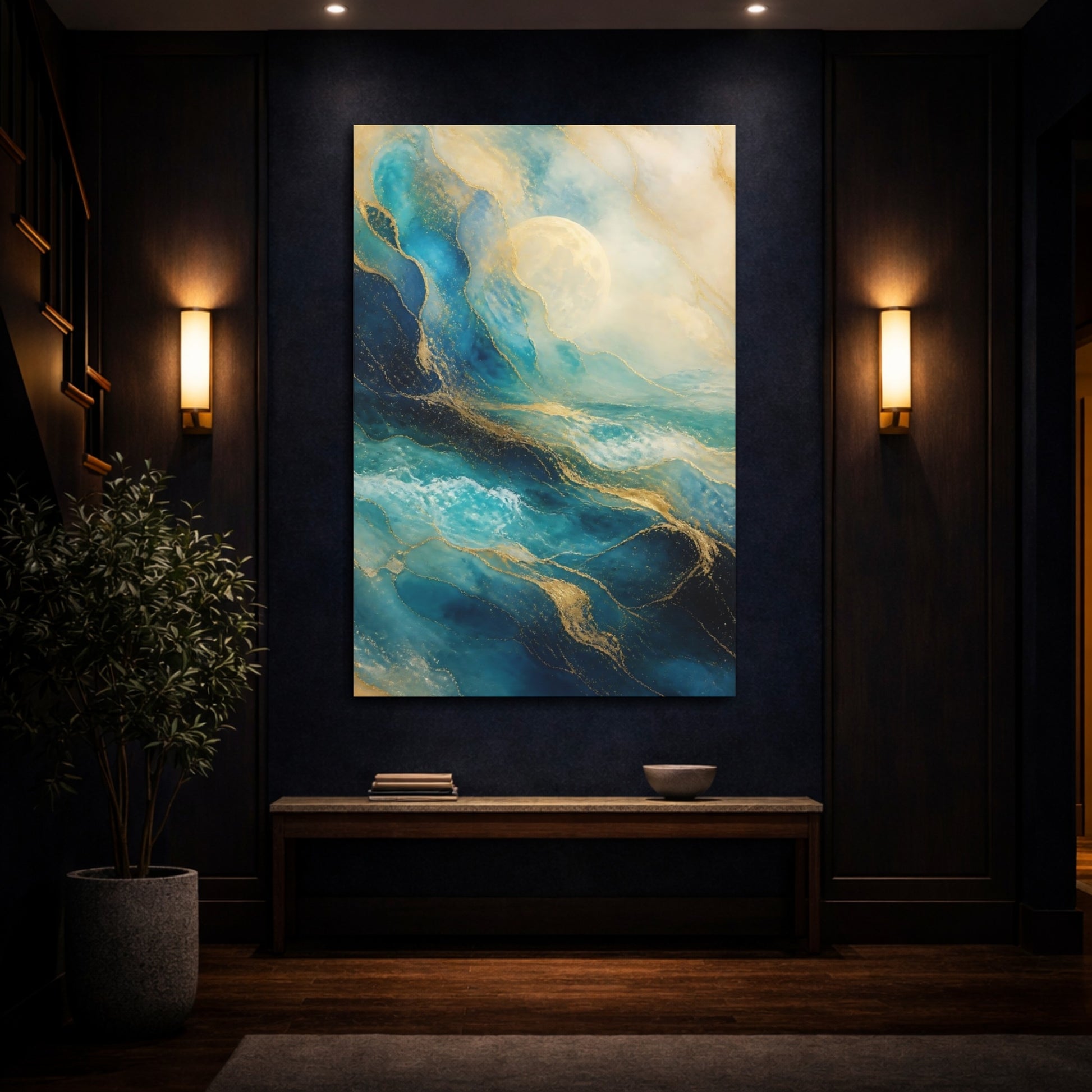 Mockup 4. Nature Ocean Waves Blue And Gold shown as stretched canvas wall art