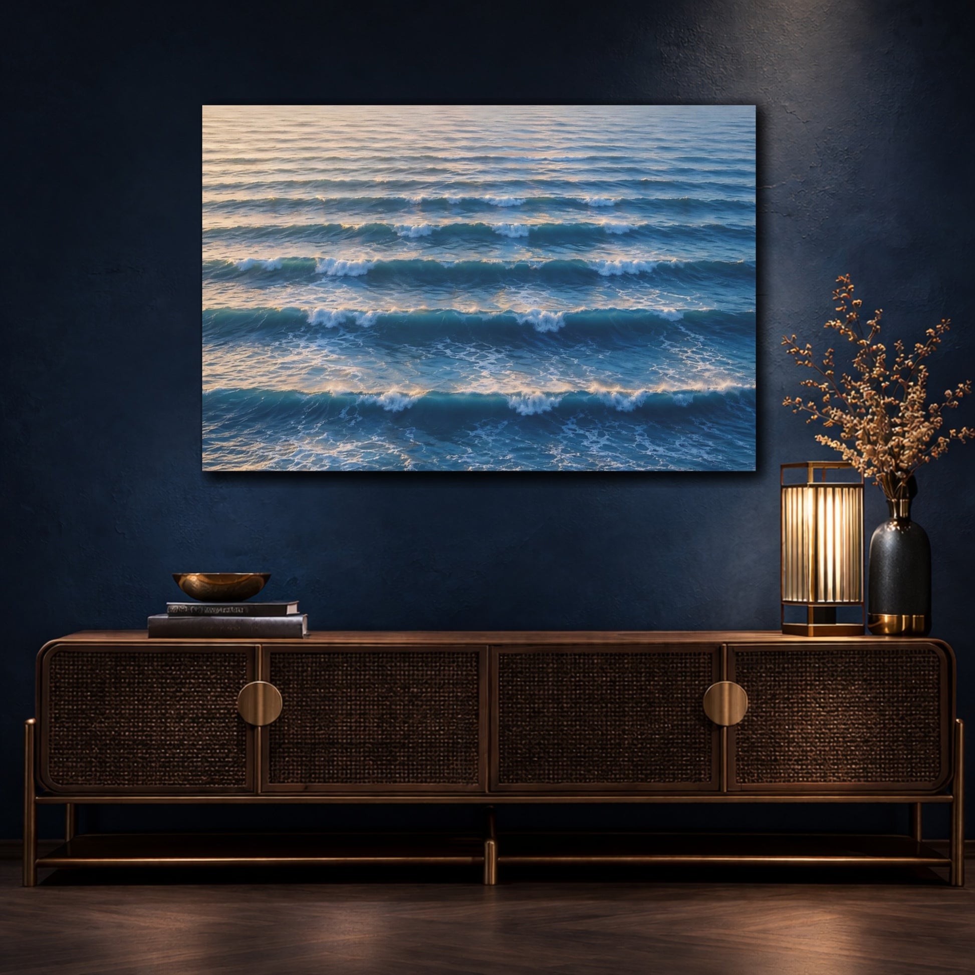 Mockup 4. Nature Ocean Waves Blue And Gold shown as stretched canvas wall art