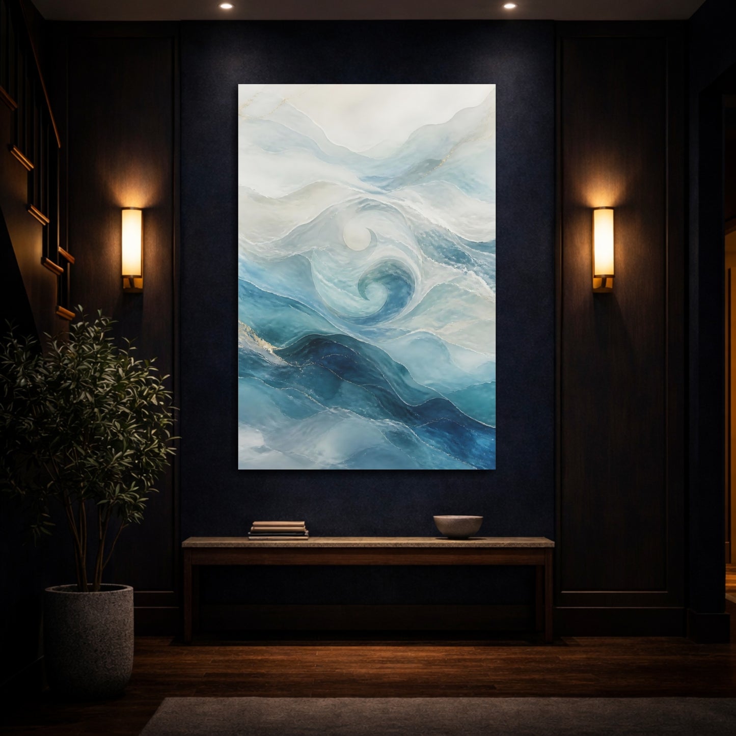 Mockup 4. Nature Ocean Waves Blue And Gold shown as stretched canvas wall art