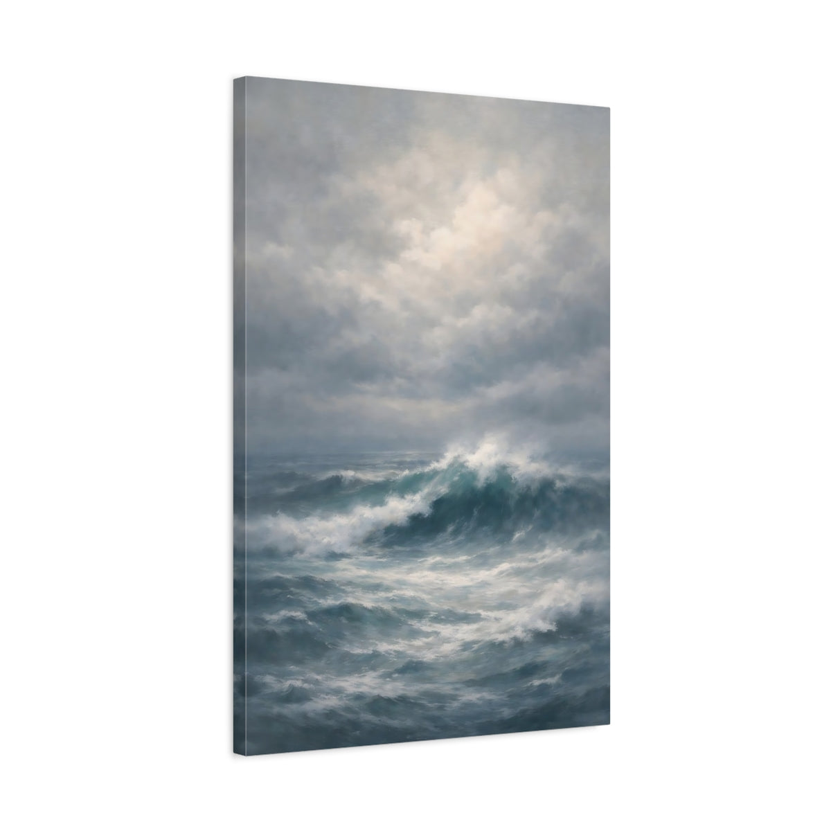 Side Mockup 2. Nature Ocean Waves Blue And Gray Ocean shown as stretched canvas wall art