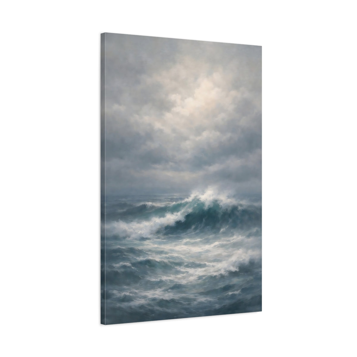 Side Mockup 1. Nature Ocean Waves Blue And Gray Ocean shown as stretched canvas wall art
