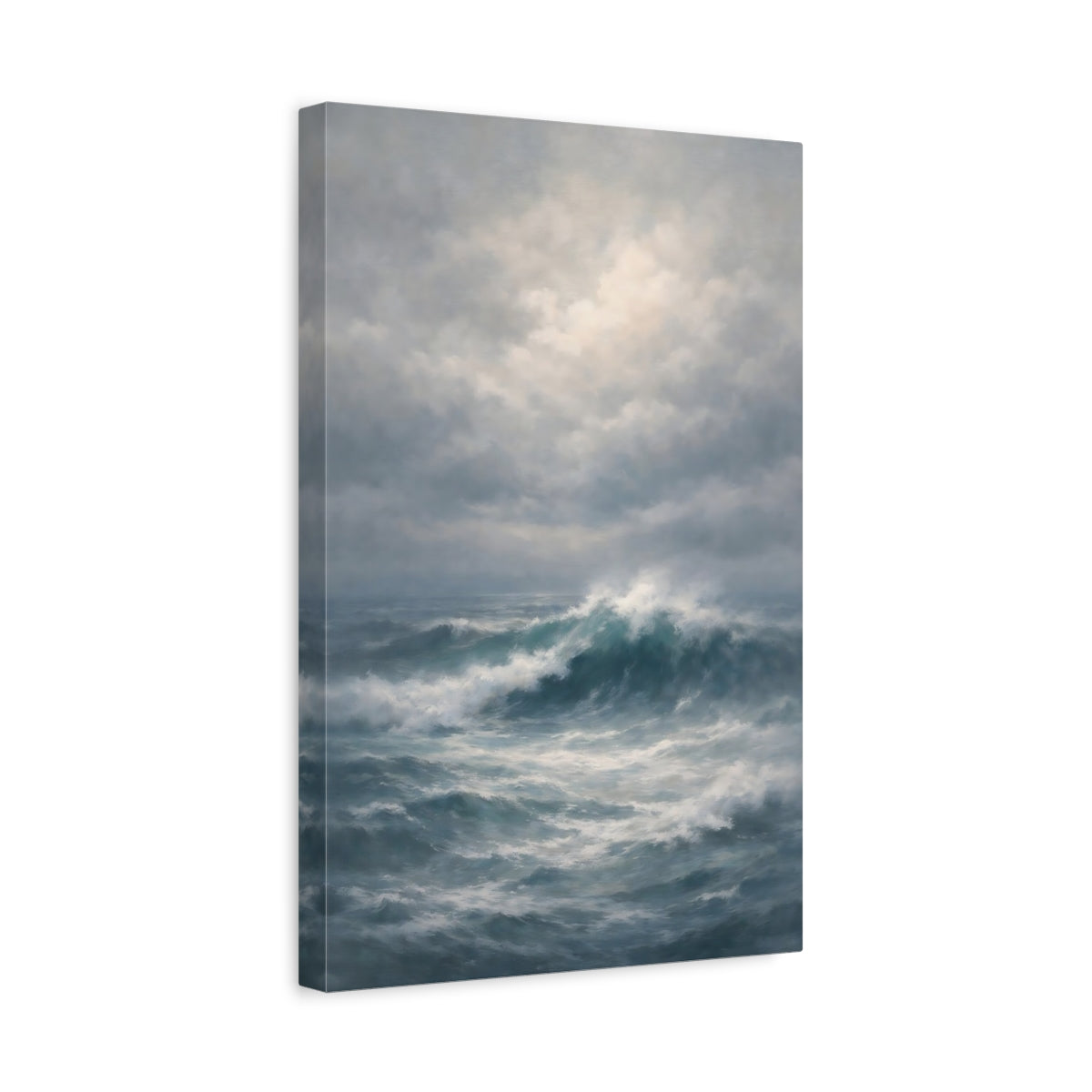 Side Mockup 4. Nature Ocean Waves Blue And Gray Ocean shown as stretched canvas wall art