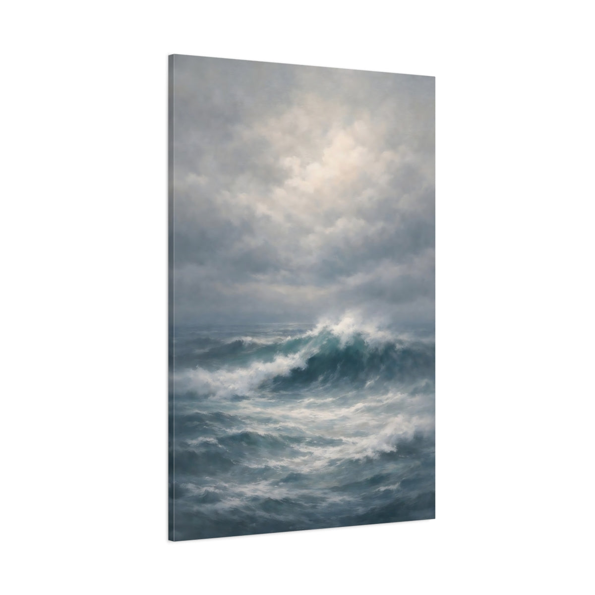 Main Mockup. Nature Ocean Waves Blue And Gray Ocean shown as stretched canvas wall art