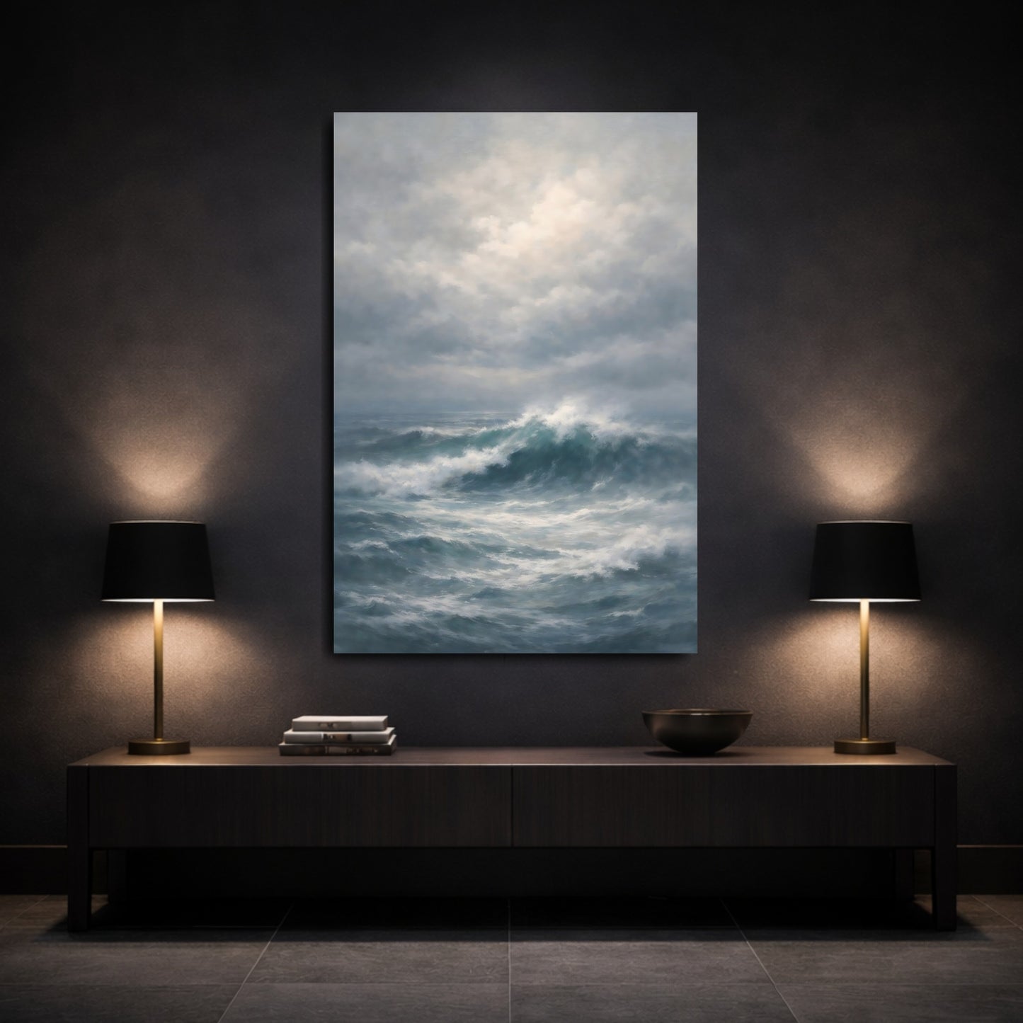 Mockup 2. Nature Ocean Waves Blue And Gray Ocean shown as stretched canvas wall art