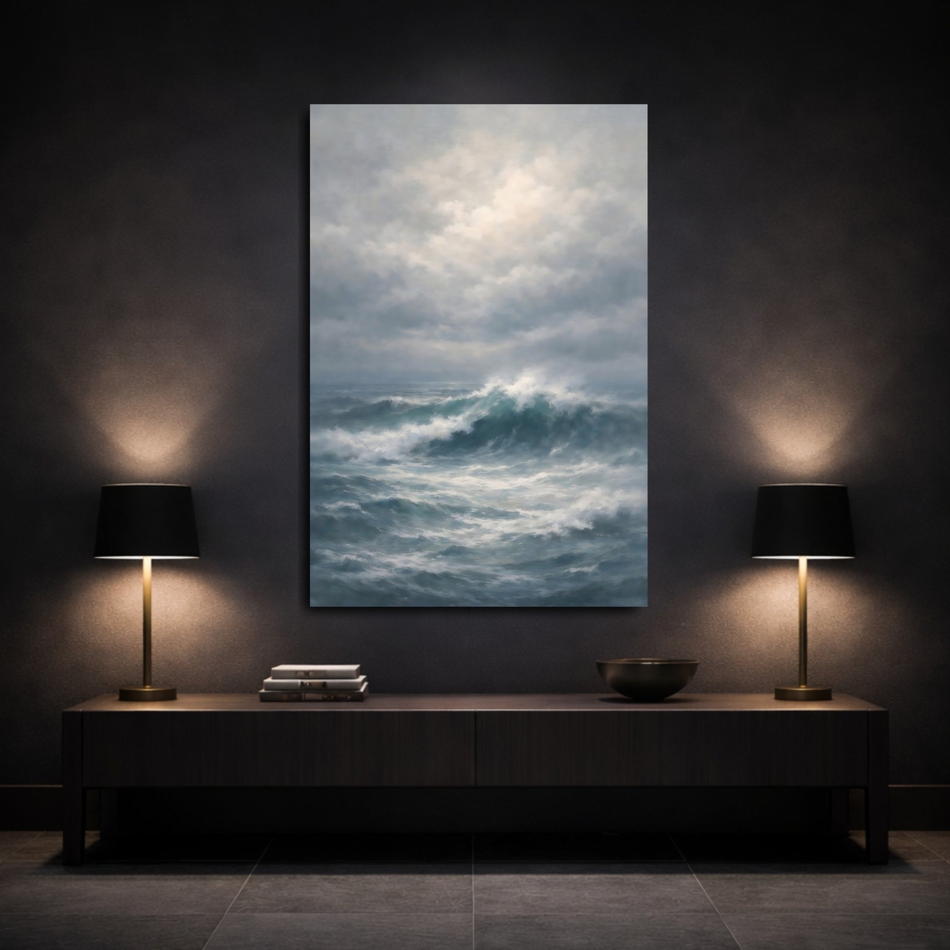 Mockup 2. Nature Ocean Waves Blue And Gray Ocean shown as stretched canvas wall art