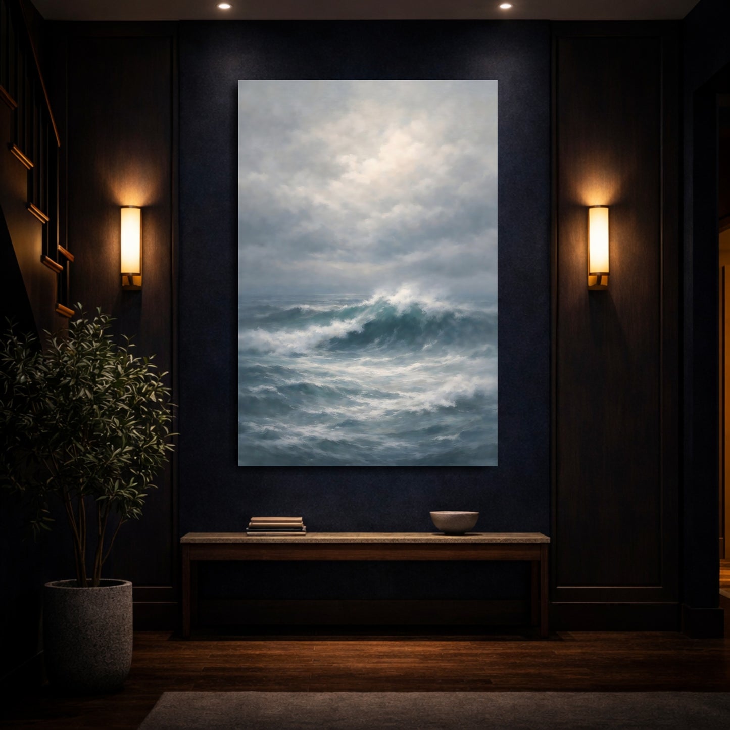 Mockup 3. Nature Ocean Waves Blue And Gray Ocean shown as stretched canvas wall art
