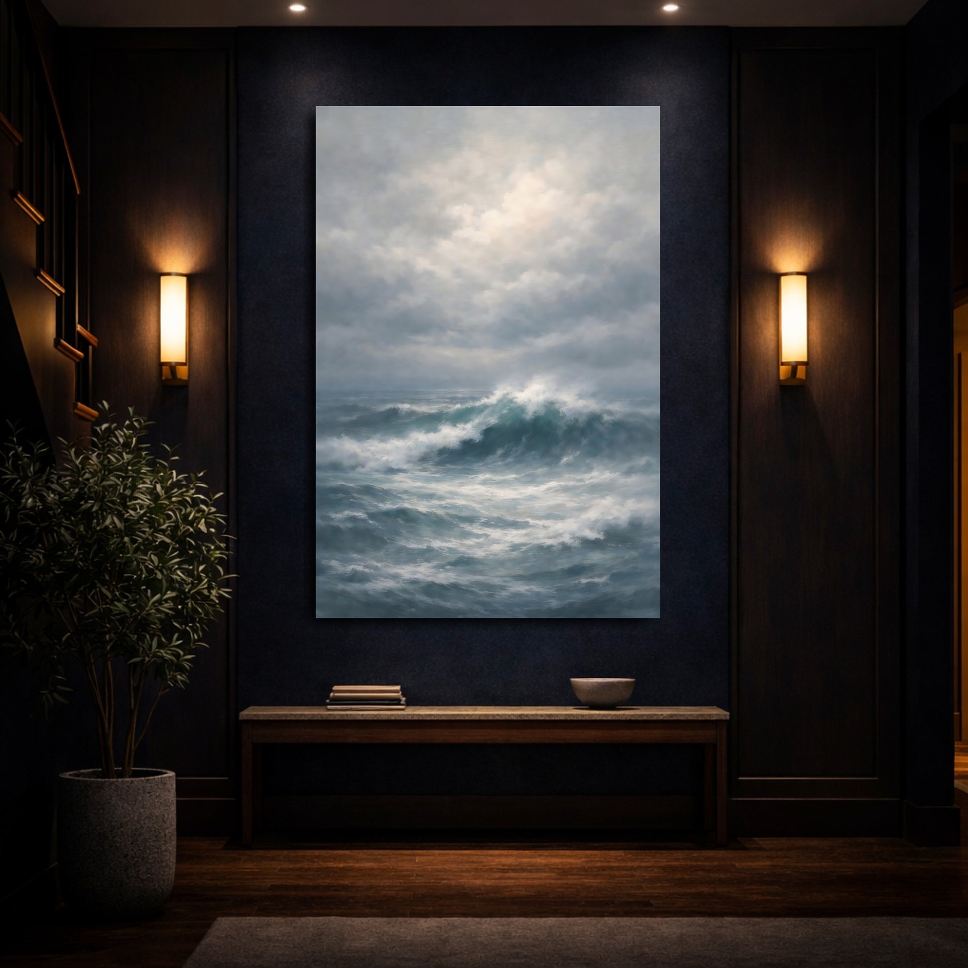 Mockup 3. Nature Ocean Waves Blue And Gray Ocean shown as stretched canvas wall art