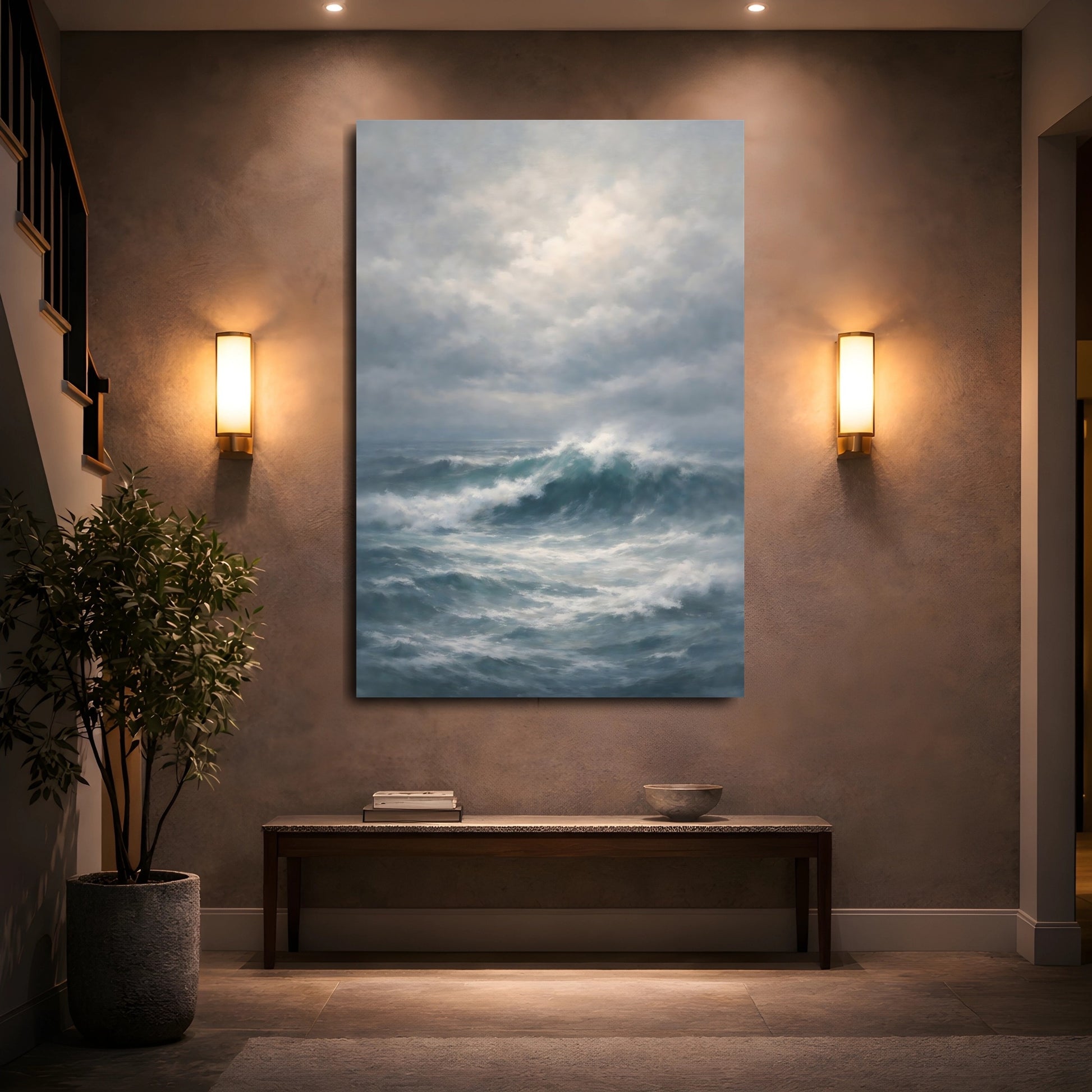 Mockup 4. Nature Ocean Waves Blue And Gray Ocean shown as stretched canvas wall art