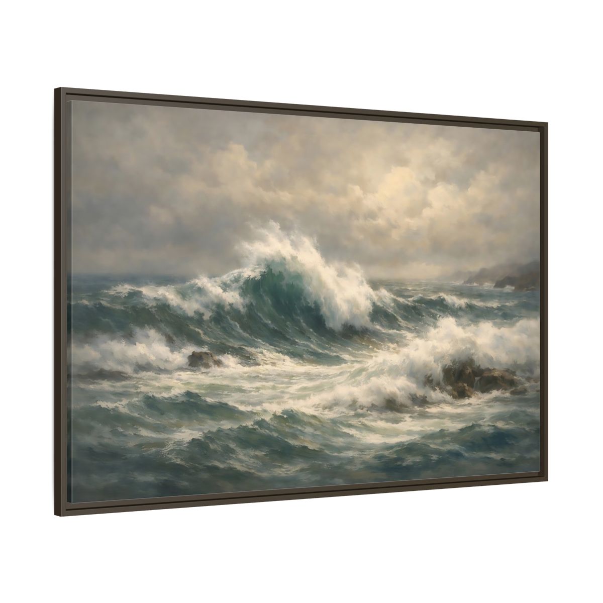 Main Mockup. Nature Ocean Waves Blue And Green shown as stretched canvas wall art