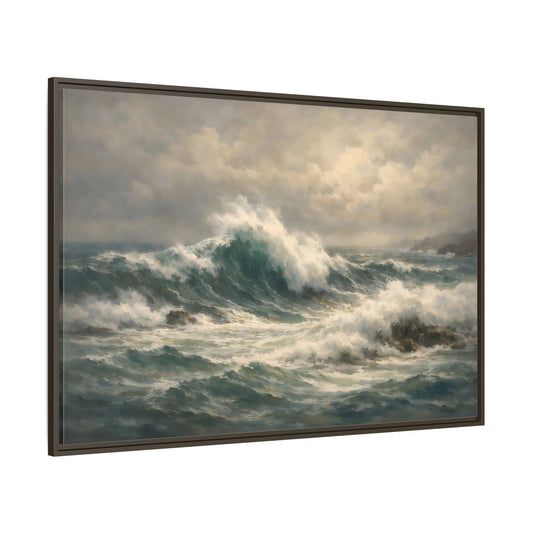 Main Mockup. Nature Ocean Waves Blue And Green shown as stretched canvas wall art