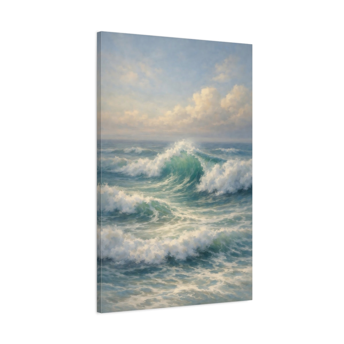 Side Mockup 1. Nature Ocean Waves Blue And Green shown as stretched canvas wall art